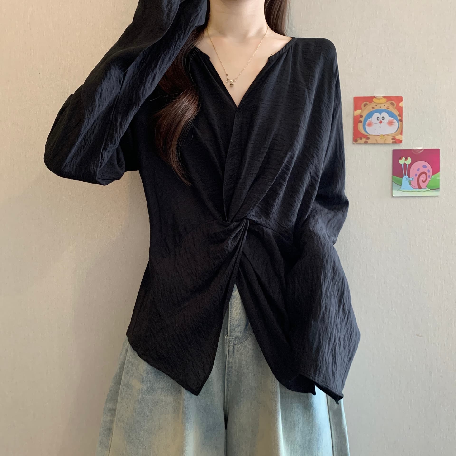 디자인 센스 불규칙 매듭 나팔 소매 긍정적 인 어깨 여성 셔츠 여름 가을 새로운 지방 mm 품격 슬림해 보이는 트임 맨위 상세 이미지 12