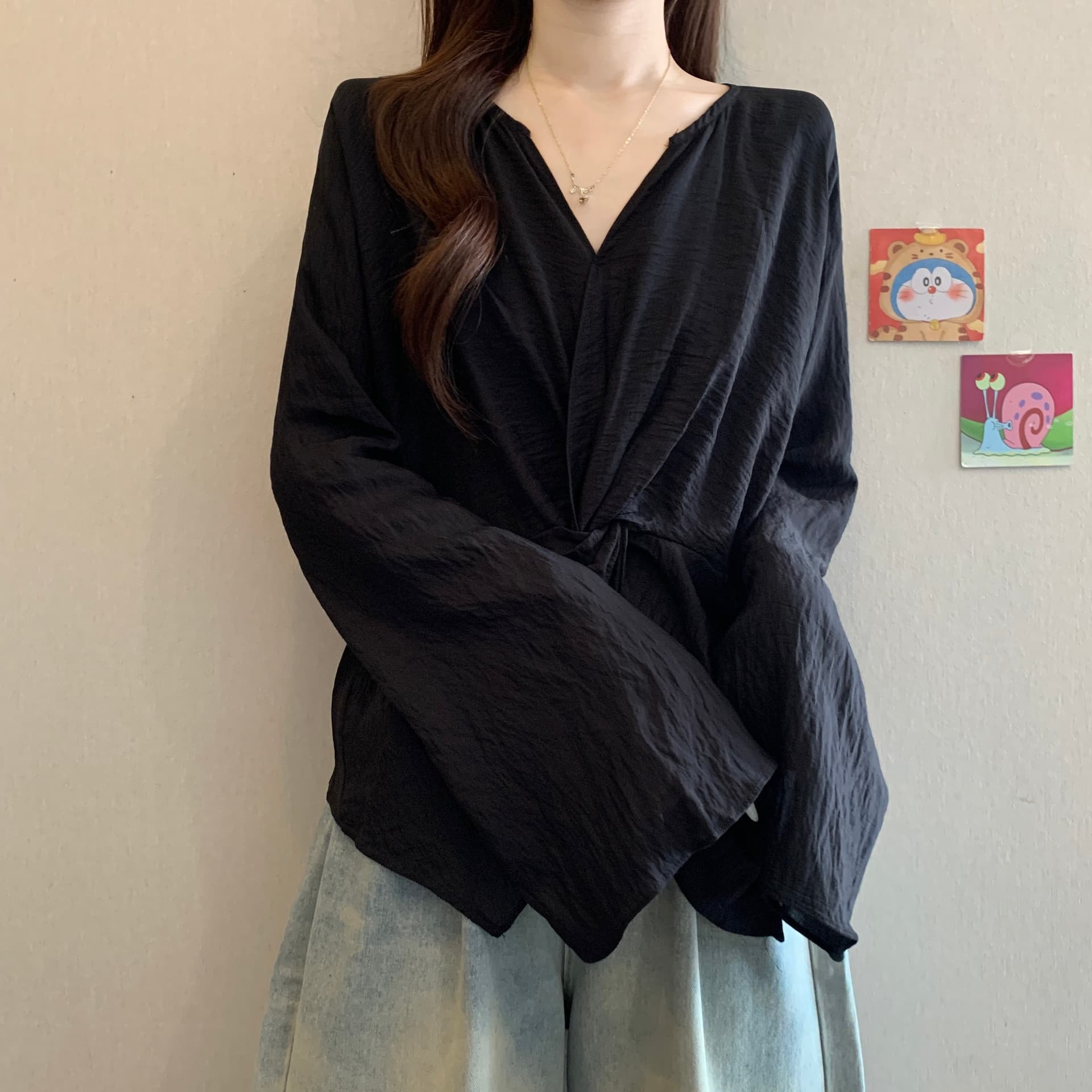 디자인 센스 불규칙 매듭 나팔 소매 긍정적 인 어깨 여성 셔츠 여름 가을 새로운 지방 mm 품격 슬림해 보이는 트임 맨위 상세 이미지 13