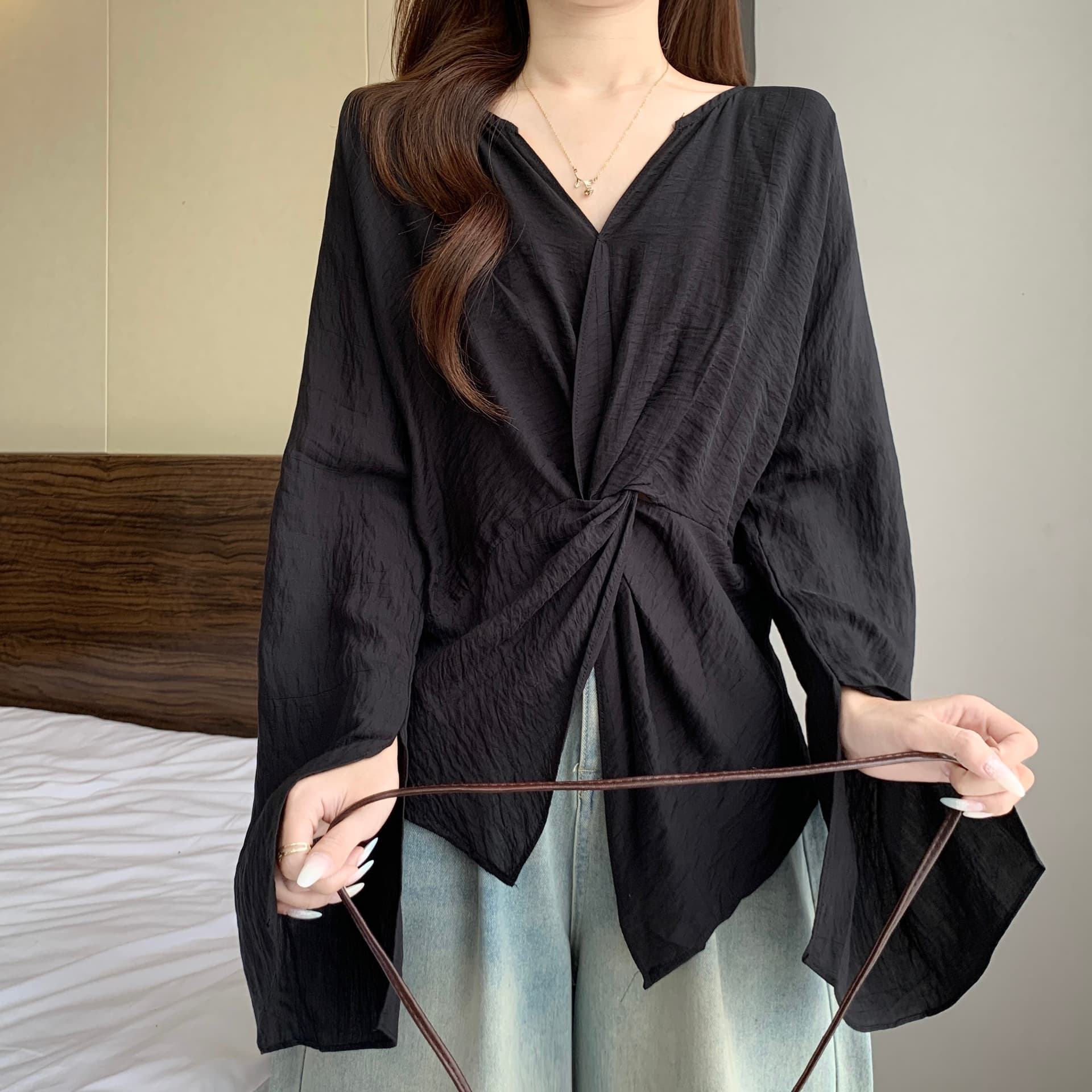 디자인 센스 불규칙 매듭 나팔 소매 긍정적 인 어깨 여성 셔츠 여름 가을 새로운 지방 mm 품격 슬림해 보이는 트임 맨위 상세 이미지 19