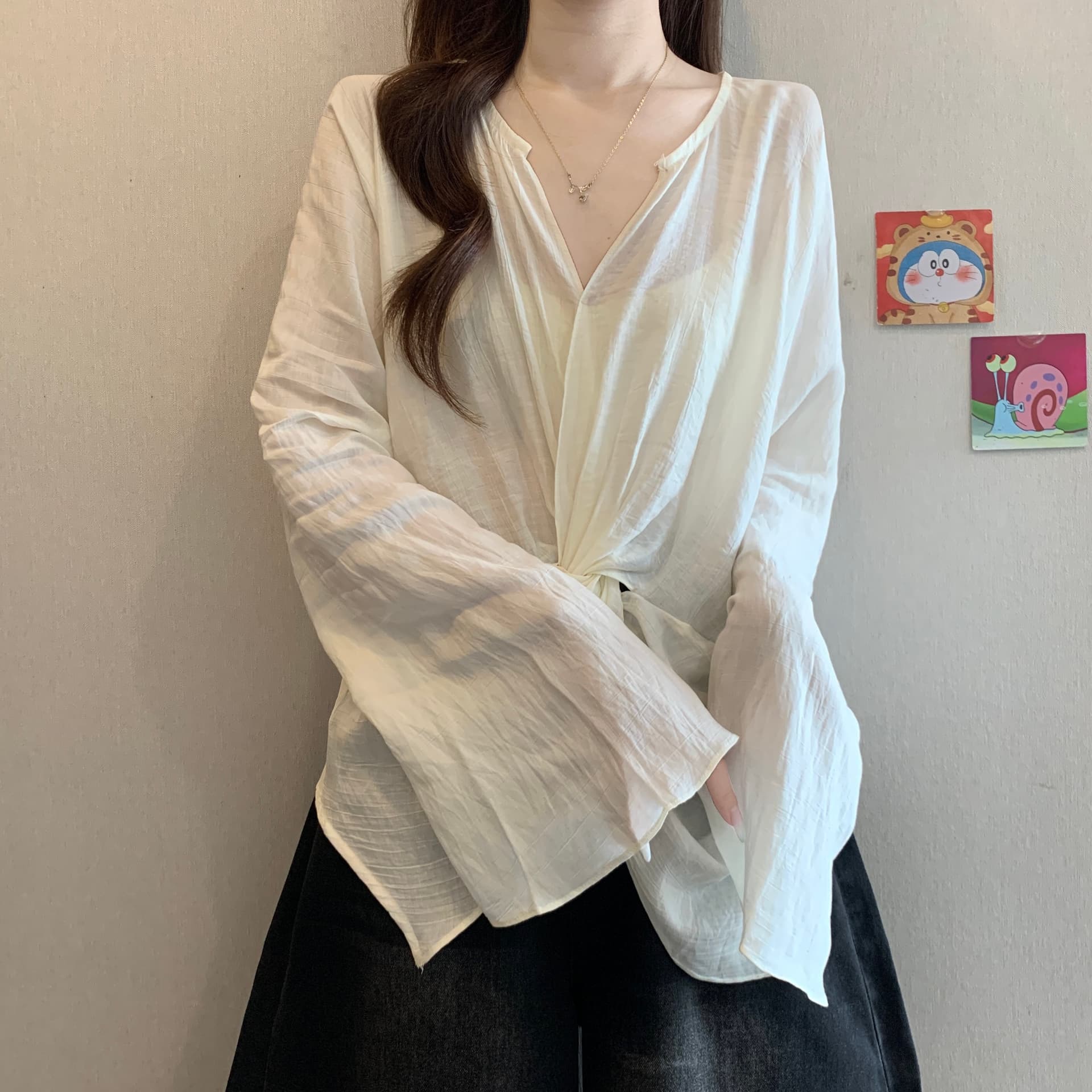 프랑스식 불규칙 트임 매듭 긍정적 인 어깨 긴팔 여성 셔츠 여름 가을 새로운 지방 mm 품격 슬림해 보이는 Chic 맨위 이미지 6