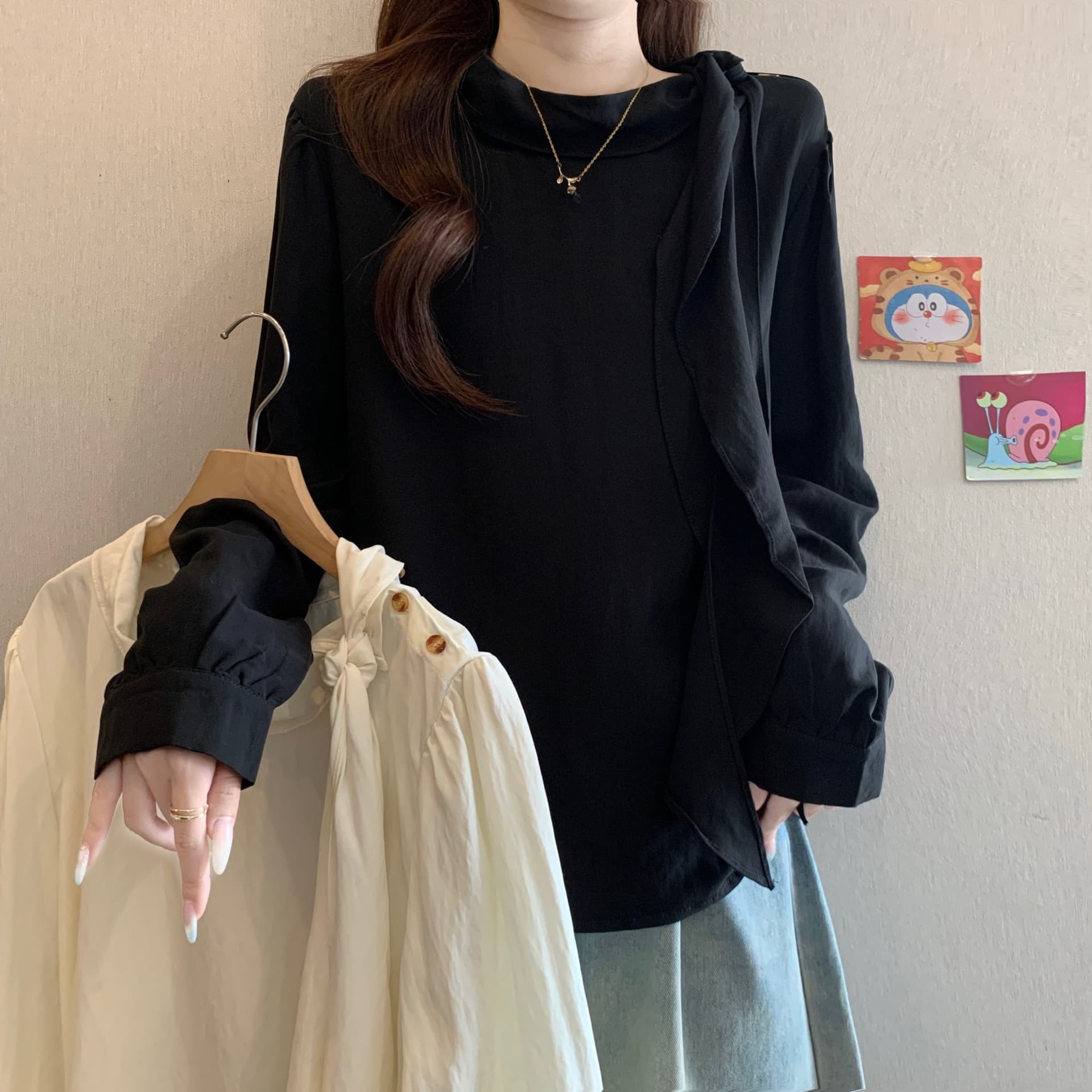 프랑스식 품격 리본 칼라 긍정적 인 어깨 긴팔 여성 셔츠 여름 가을 새로운 지방 mm 슬림해 보이는 다용도 그레이트 봐. 의류 상세 이미지 2