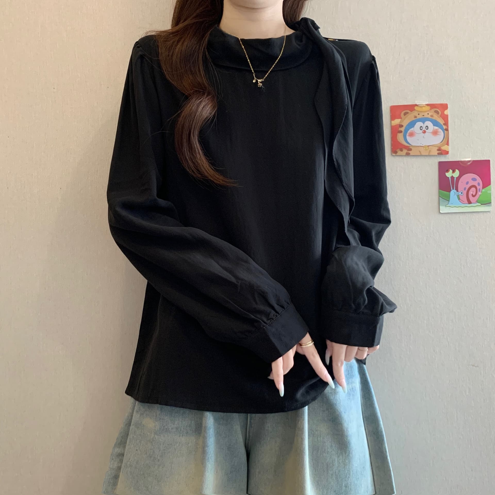 프랑스식 품격 리본 칼라 긍정적 인 어깨 긴팔 여성 셔츠 여름 가을 새로운 지방 mm 슬림해 보이는 다용도 그레이트 봐. 의류 상세 이미지 5