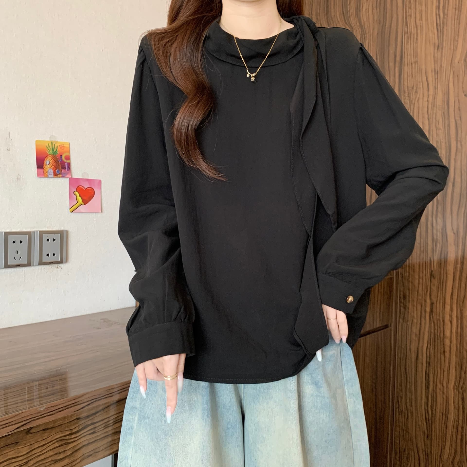 프랑스식 품격 리본 칼라 긍정적 인 어깨 긴팔 여성 셔츠 여름 가을 새로운 지방 mm 슬림해 보이는 다용도 그레이트 봐. 의류 상세 이미지 8