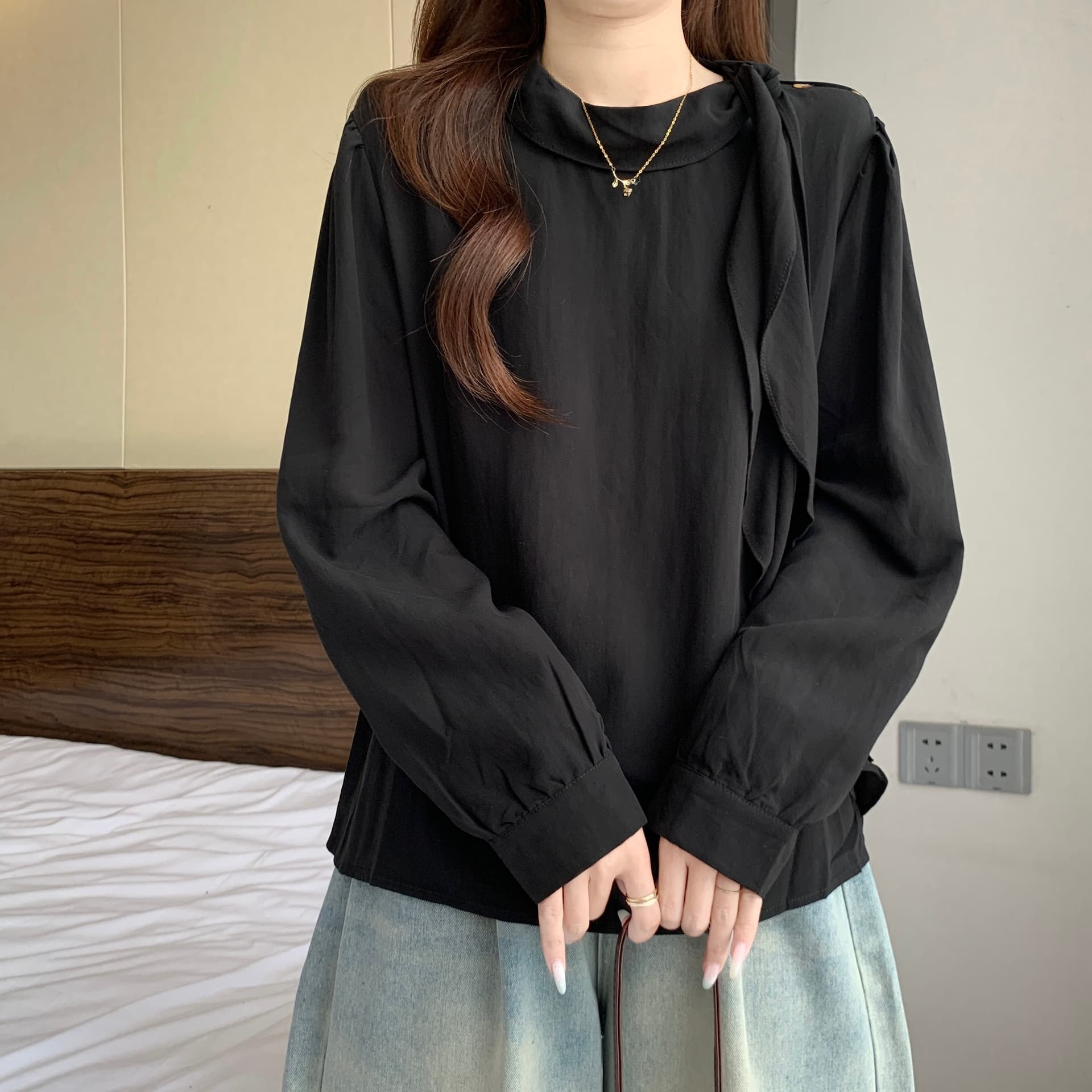 프랑스식 품격 리본 칼라 긍정적 인 어깨 긴팔 여성 셔츠 여름 가을 새로운 지방 mm 슬림해 보이는 다용도 그레이트 봐. 의류 상세 이미지 9