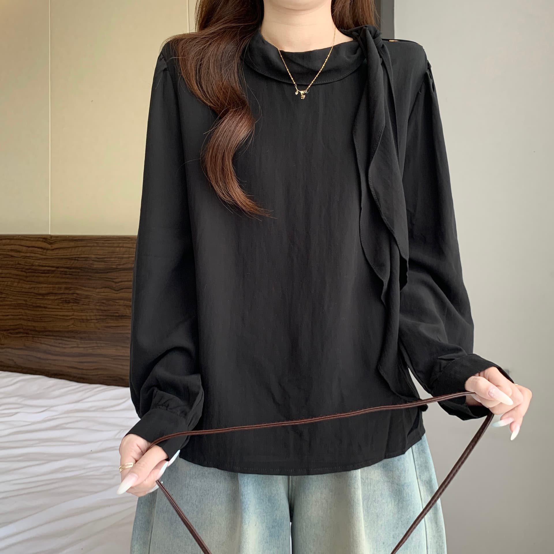 프랑스식 품격 리본 칼라 긍정적 인 어깨 긴팔 여성 셔츠 여름 가을 새로운 지방 mm 슬림해 보이는 다용도 그레이트 봐. 의류 상세 이미지 10