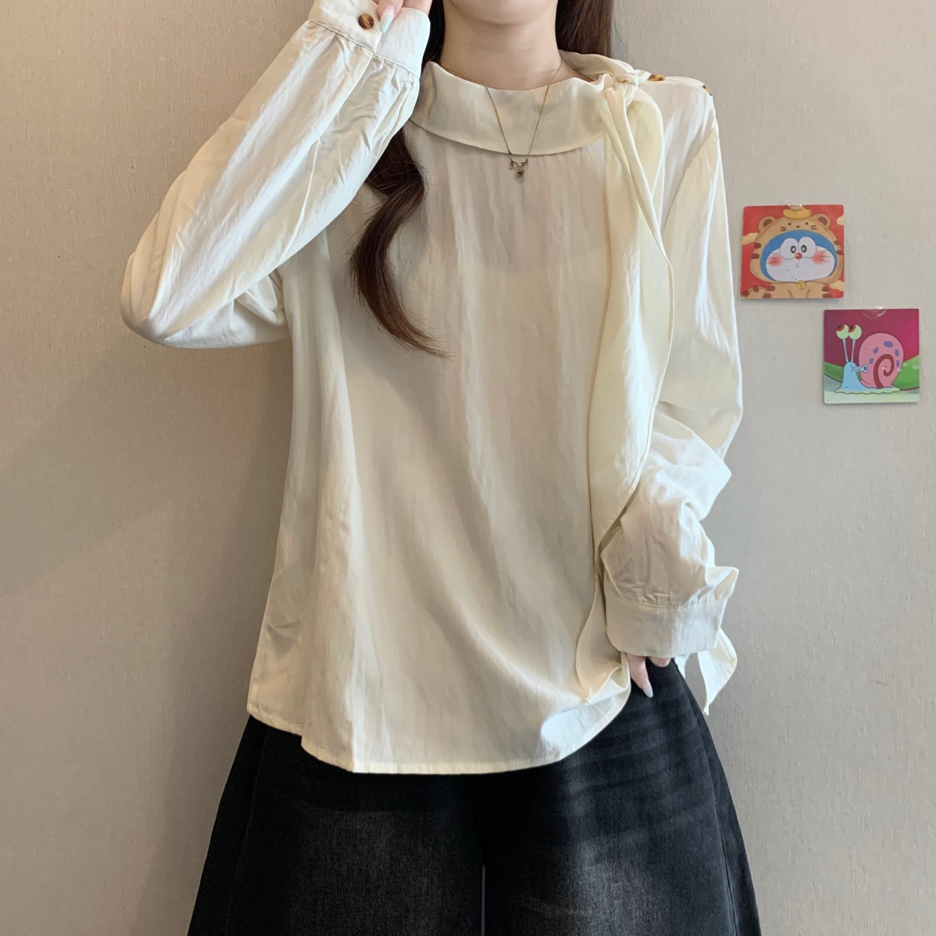 프랑스식 품격 리본 칼라 긍정적 인 어깨 긴팔 여성 셔츠 여름 가을 새로운 지방 mm 슬림해 보이는 다용도 그레이트 봐. 의류 상세 이미지 13