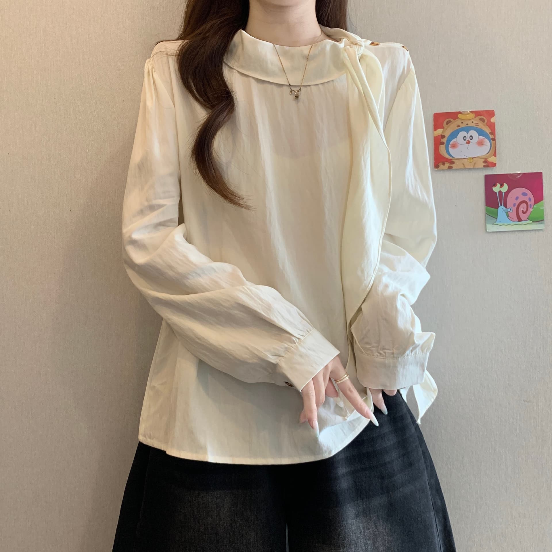 프랑스식 품격 리본 칼라 긍정적 인 어깨 긴팔 여성 셔츠 여름 가을 새로운 지방 mm 슬림해 보이는 다용도 그레이트 봐. 의류 상세 이미지 14