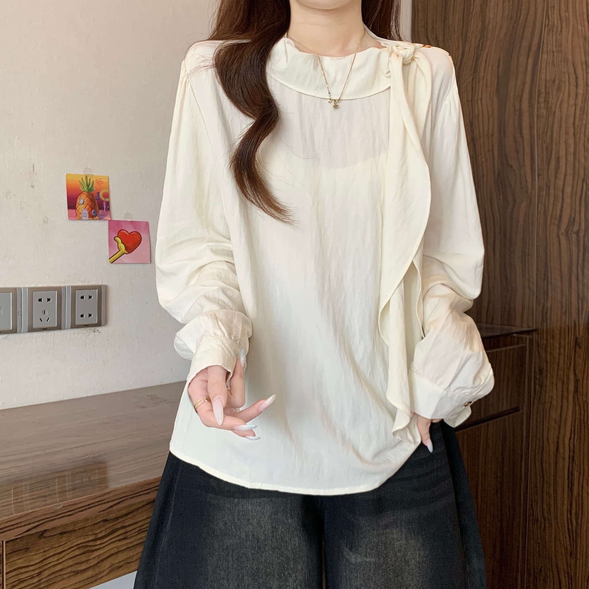 프랑스식 품격 리본 칼라 긍정적 인 어깨 긴팔 여성 셔츠 여름 가을 새로운 지방 mm 슬림해 보이는 다용도 그레이트 봐. 의류 상세 이미지 16