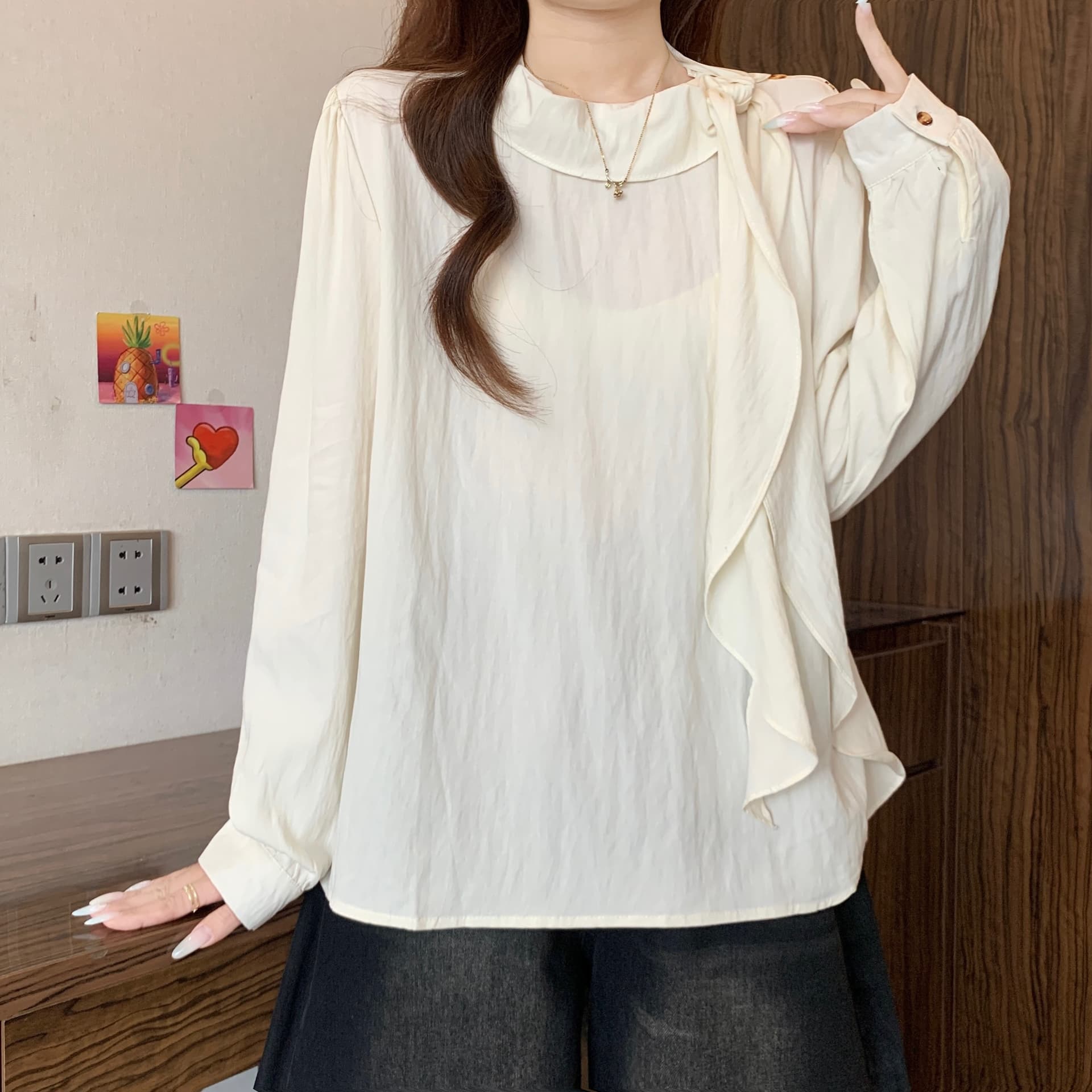 프랑스식 품격 디자인 센스 리본 칼라 긍정적 인 어깨 긴팔 여성 셔츠 가을 새로운 지방 mm 출퇴근 다용도 슬림해 보이는 맨위 이미지 4
