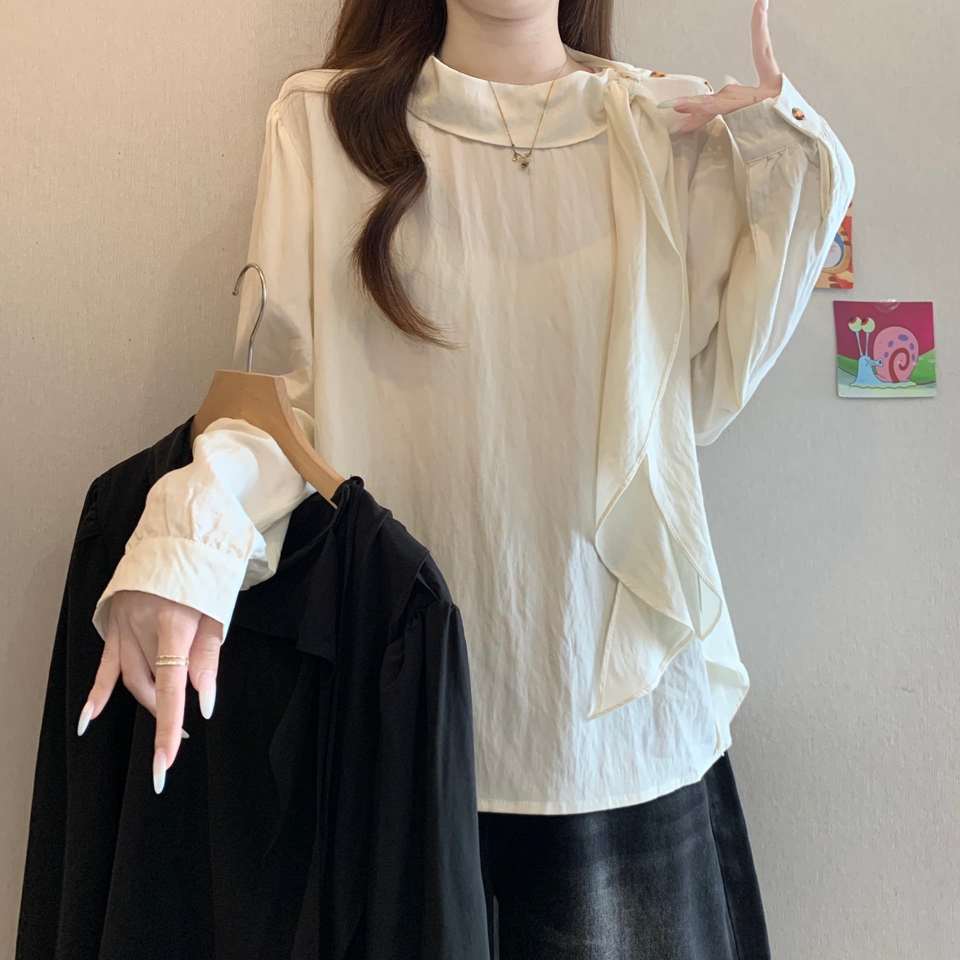 프랑스식 품격 디자인 센스 리본 칼라 긍정적 인 어깨 긴팔 여성 셔츠 가을 새로운 지방 mm 출퇴근 다용도 슬림해 보이는 맨위 상세 이미지 2