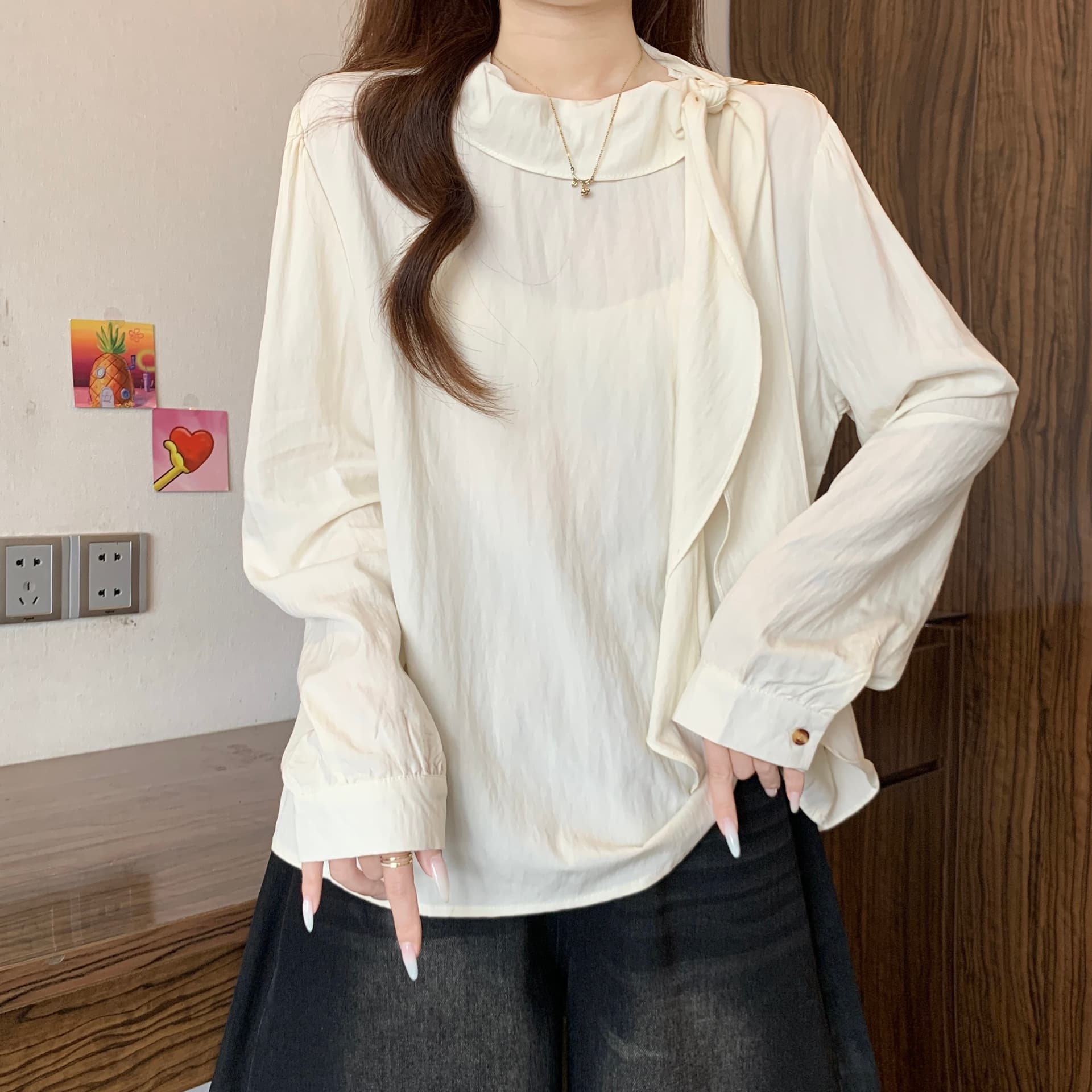프랑스식 품격 디자인 센스 리본 칼라 긍정적 인 어깨 긴팔 여성 셔츠 가을 새로운 지방 mm 출퇴근 다용도 슬림해 보이는 맨위 상세 이미지 8