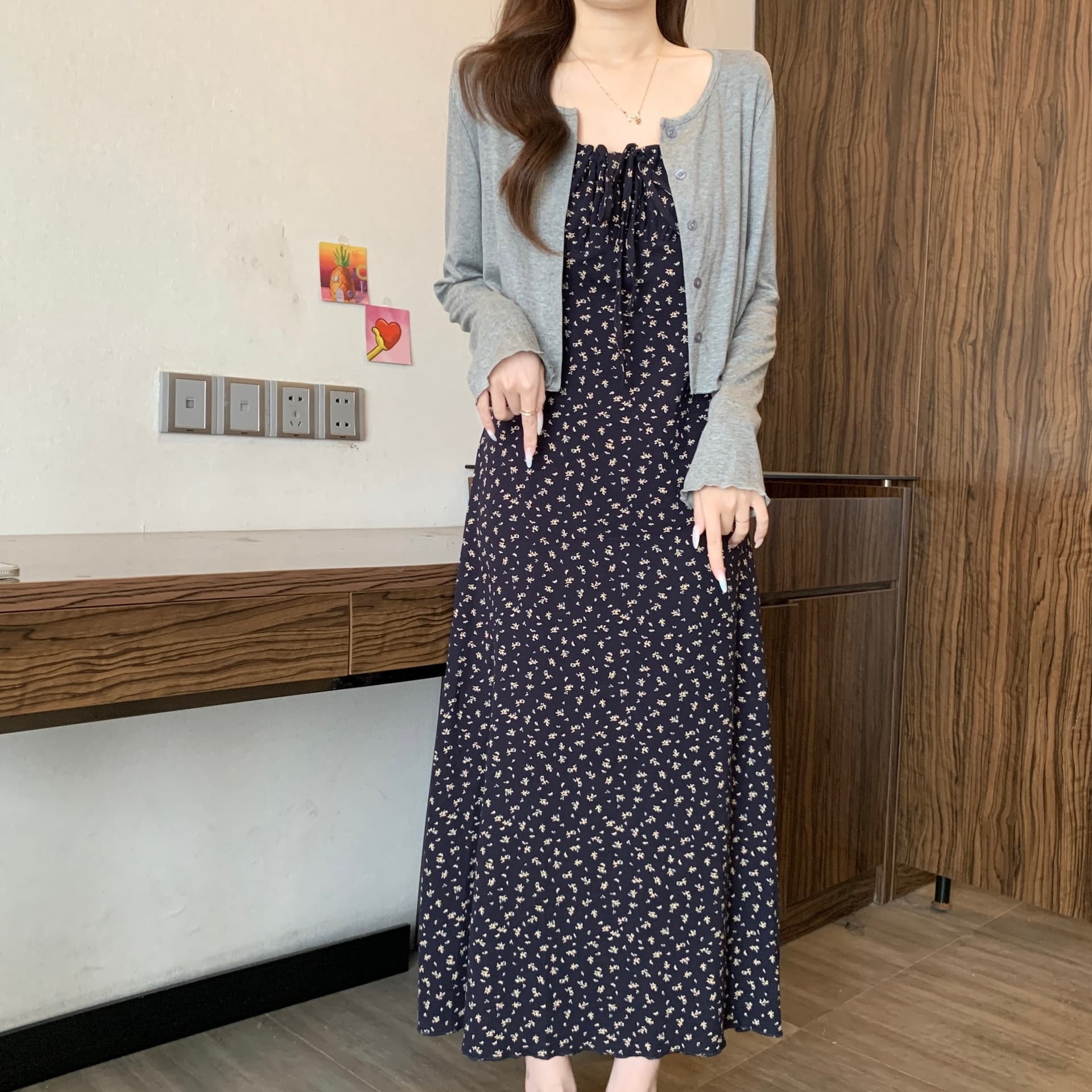 한 부서 오픈 가디건 꽃무늬 슬립 점프 슈트 치마 세트 여성 가을 새로운 지방 mm 휴 몸 슬림해 보이는 품격 치마 투피스 세트 상세 이미지 5