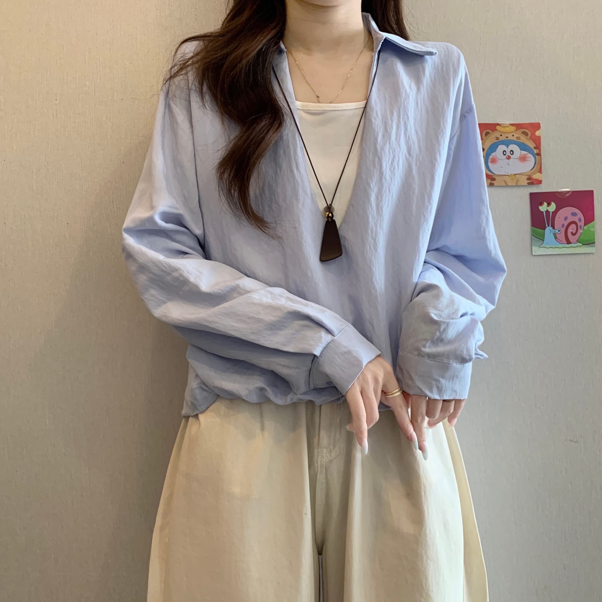 페이크 레이어드 배색 V넥 긍정적 인 어깨 긴팔 여성 셔츠 가을 새로운 지방 mm 디자인 센스 루즈핏 슬림해 보이는 다용도 맨위 상세 이미지 9