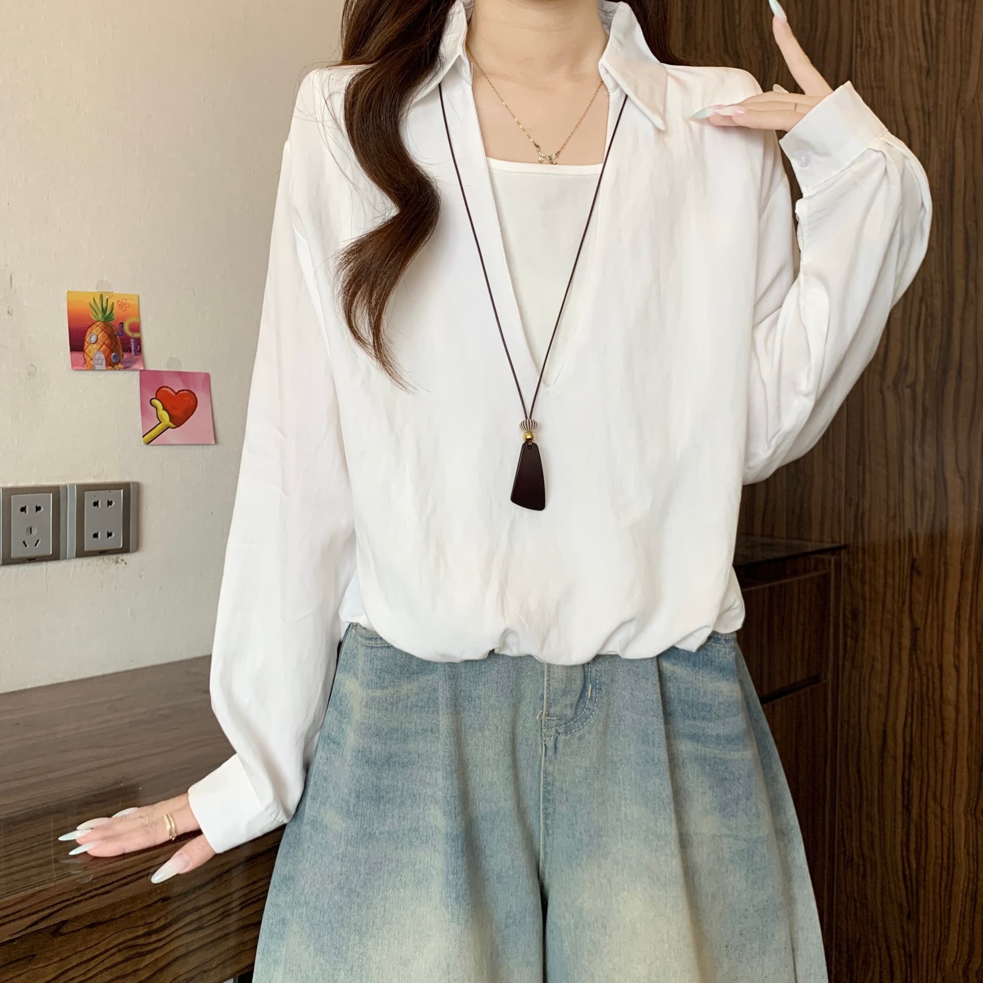 페이크 레이어드 배색 V넥 긍정적 인 어깨 긴팔 여성 셔츠 가을 새로운 지방 mm 디자인 센스 루즈핏 슬림해 보이는 다용도 맨위 상세 이미지 20