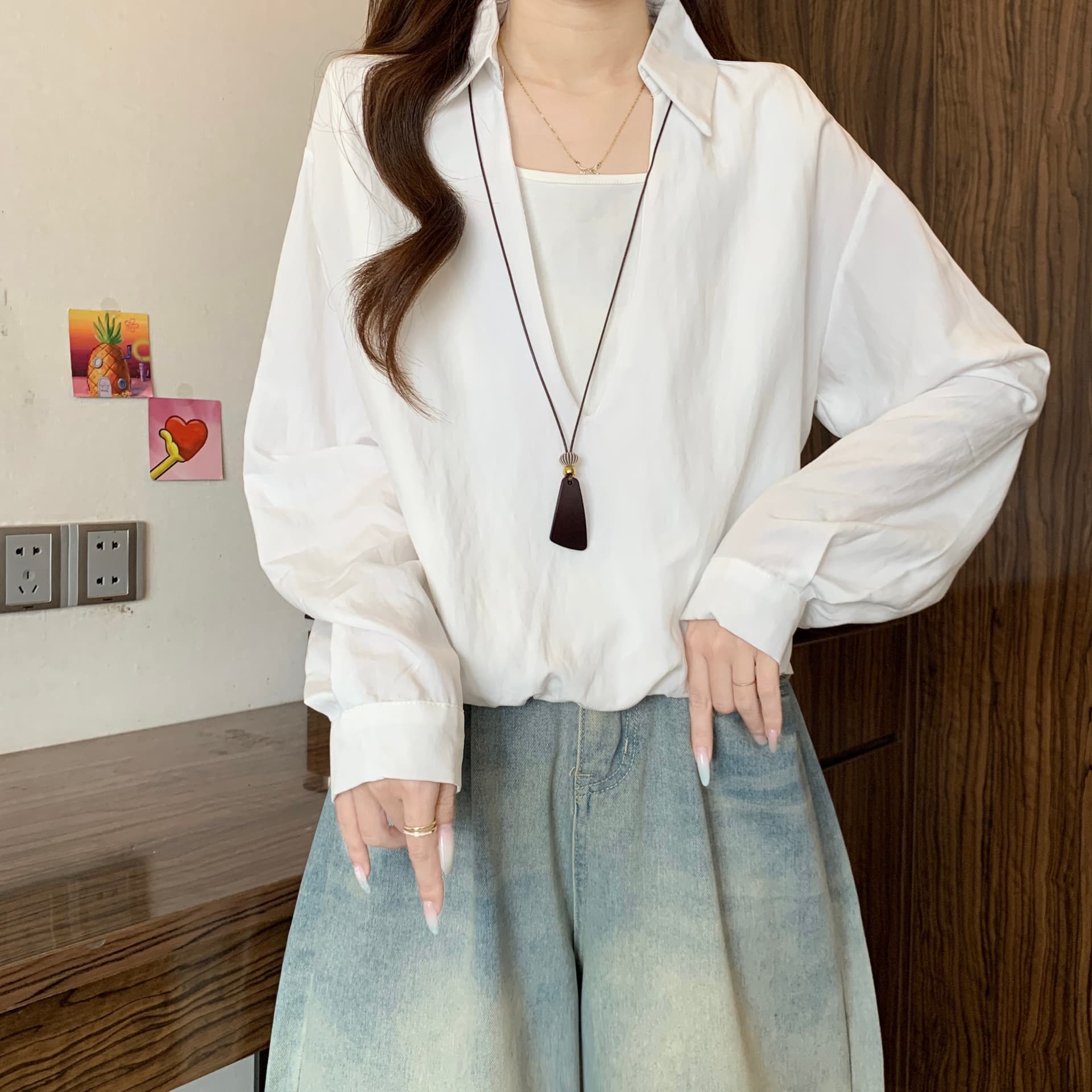 페이크 레이어드 배색 V넥 긍정적 인 어깨 긴팔 여성 셔츠 가을 새로운 지방 mm 디자인 센스 루즈핏 슬림해 보이는 다용도 맨위 상세 이미지 22