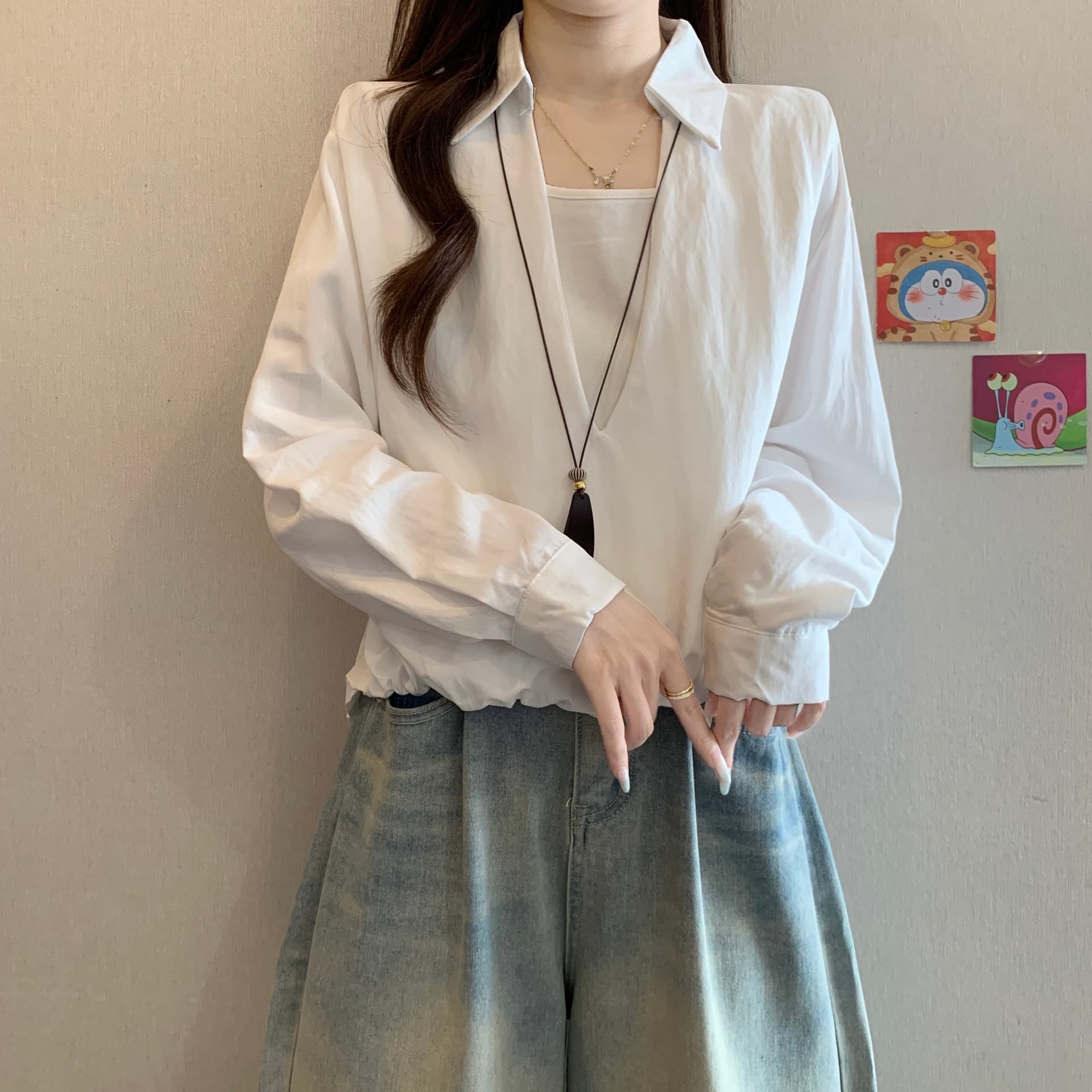 페이크 레이어드 배색 V넥 긍정적 인 어깨 긴팔 여성 셔츠 가을 새로운 지방 mm 디자인 센스 루즈핏 슬림해 보이는 다용도 맨위 상세 이미지 24