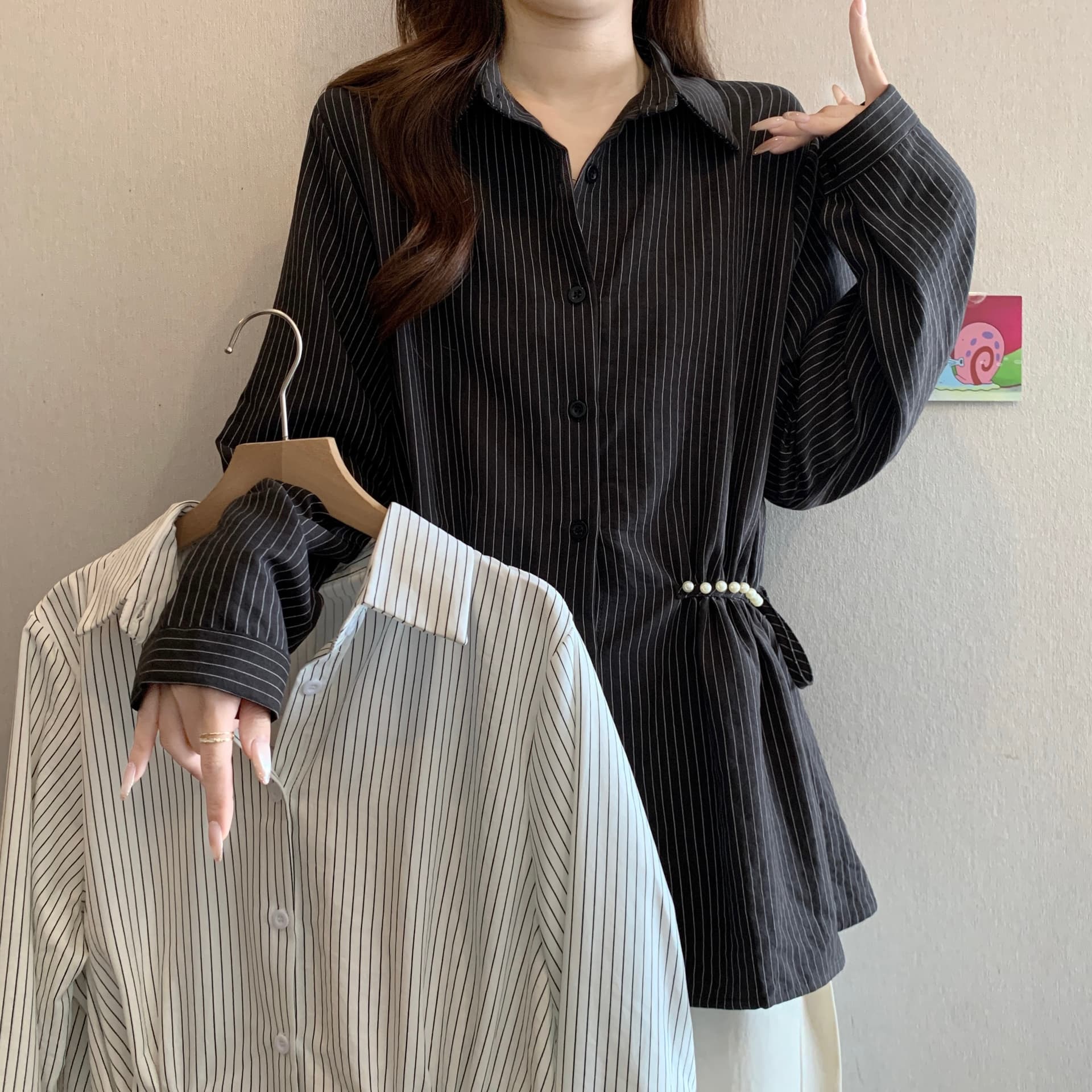 디자인 센스 레이스업 비즈 POLO 칼라 긍정적 인 어깨 긴팔 여성 셔츠 가을 새로운 지방 mm 허리 수축 슬림해 보이는 품격 맨위 이미지 2