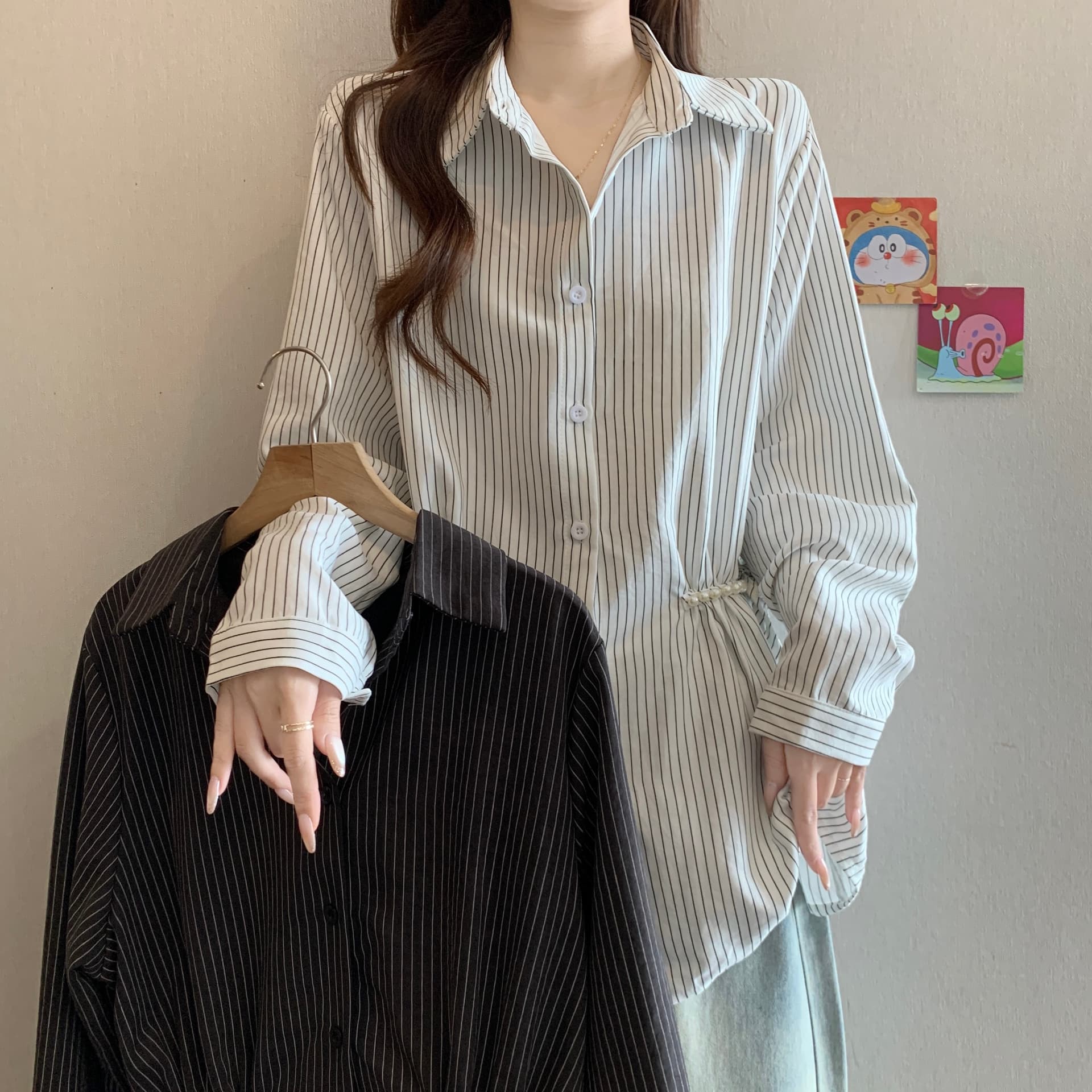 디자인 센스 비즈 POLO 칼라 긍정적 인 어깨 긴팔 스트라이프 여성 셔츠 가을 새로운 지방 mm 허리 수축 슬림해 보이는 품격 맨위 상세 이미지 2