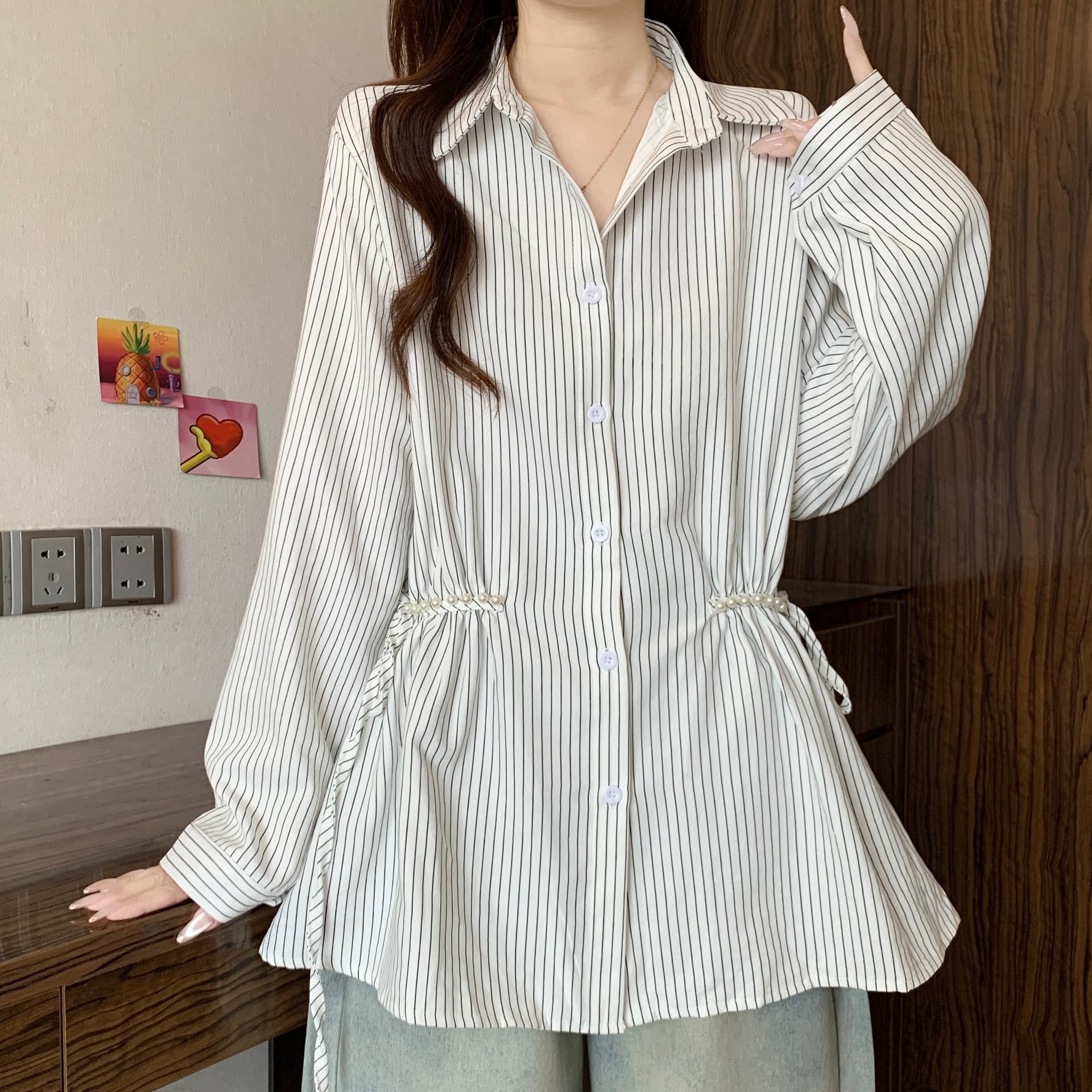 디자인 센스 비즈 POLO 칼라 긍정적 인 어깨 긴팔 스트라이프 여성 셔츠 가을 새로운 지방 mm 허리 수축 슬림해 보이는 품격 맨위 상세 이미지 3