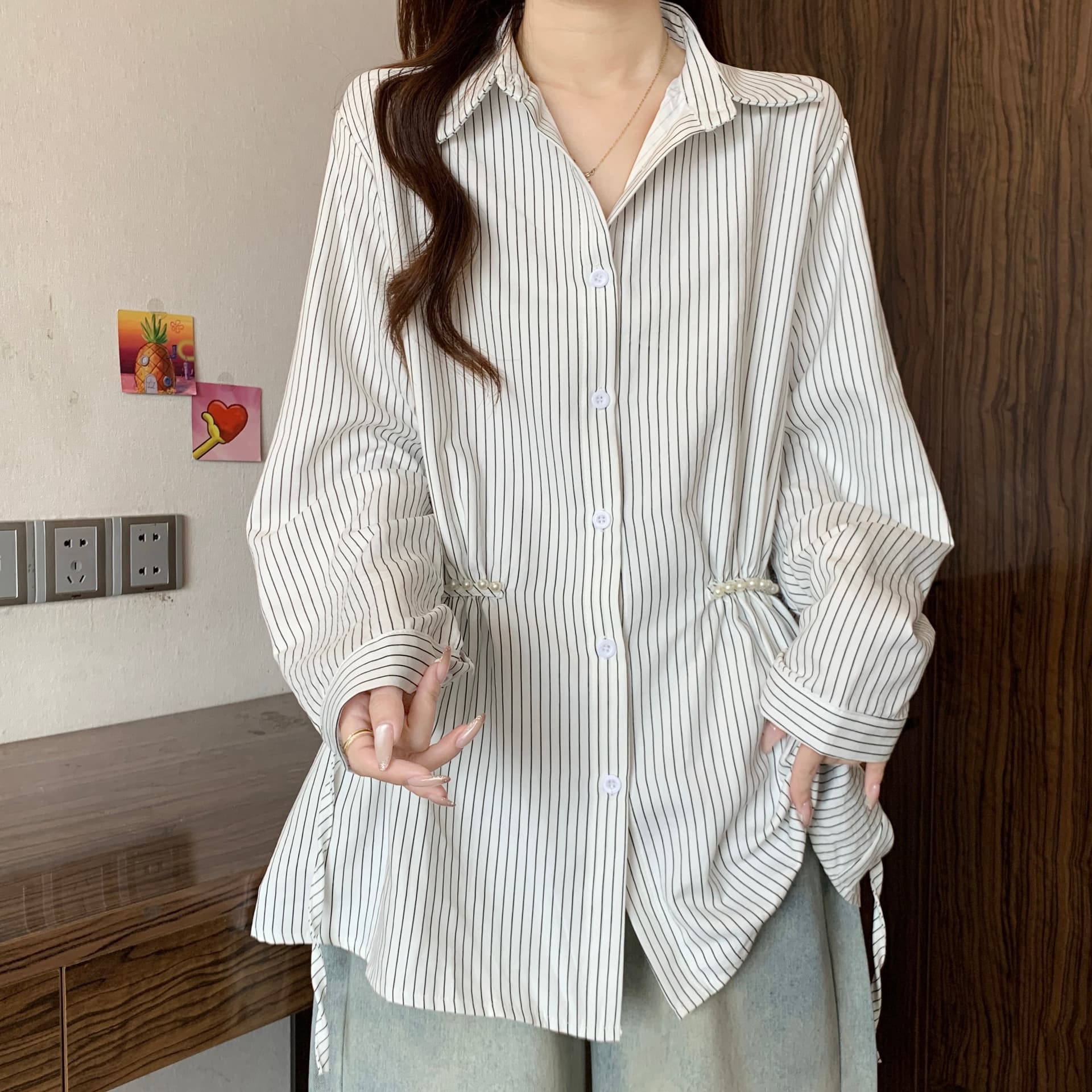 디자인 센스 비즈 POLO 칼라 긍정적 인 어깨 긴팔 스트라이프 여성 셔츠 가을 새로운 지방 mm 허리 수축 슬림해 보이는 품격 맨위 상세 이미지 4