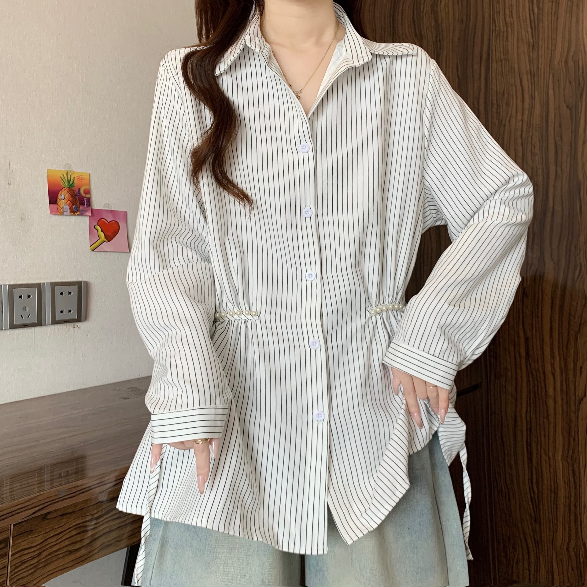 디자인 센스 비즈 POLO 칼라 긍정적 인 어깨 긴팔 스트라이프 여성 셔츠 가을 새로운 지방 mm 허리 수축 슬림해 보이는 품격 맨위 상세 이미지 5