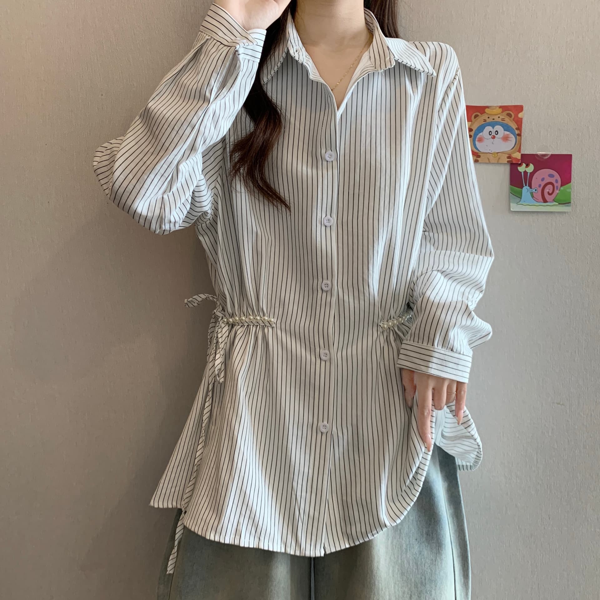 디자인 센스 비즈 POLO 칼라 긍정적 인 어깨 긴팔 스트라이프 여성 셔츠 가을 새로운 지방 mm 허리 수축 슬림해 보이는 품격 맨위 상세 이미지 6