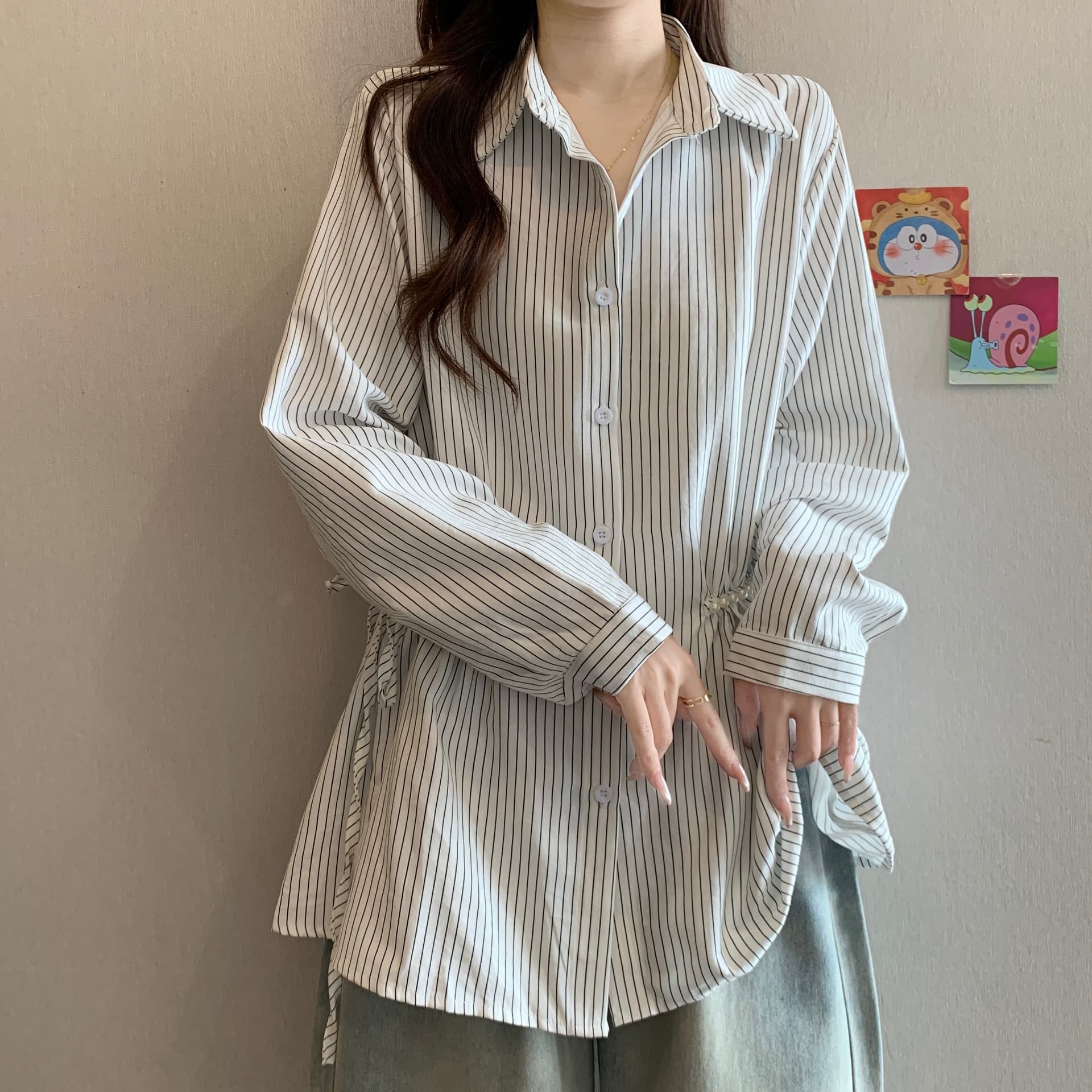 디자인 센스 비즈 POLO 칼라 긍정적 인 어깨 긴팔 스트라이프 여성 셔츠 가을 새로운 지방 mm 허리 수축 슬림해 보이는 품격 맨위 상세 이미지 7