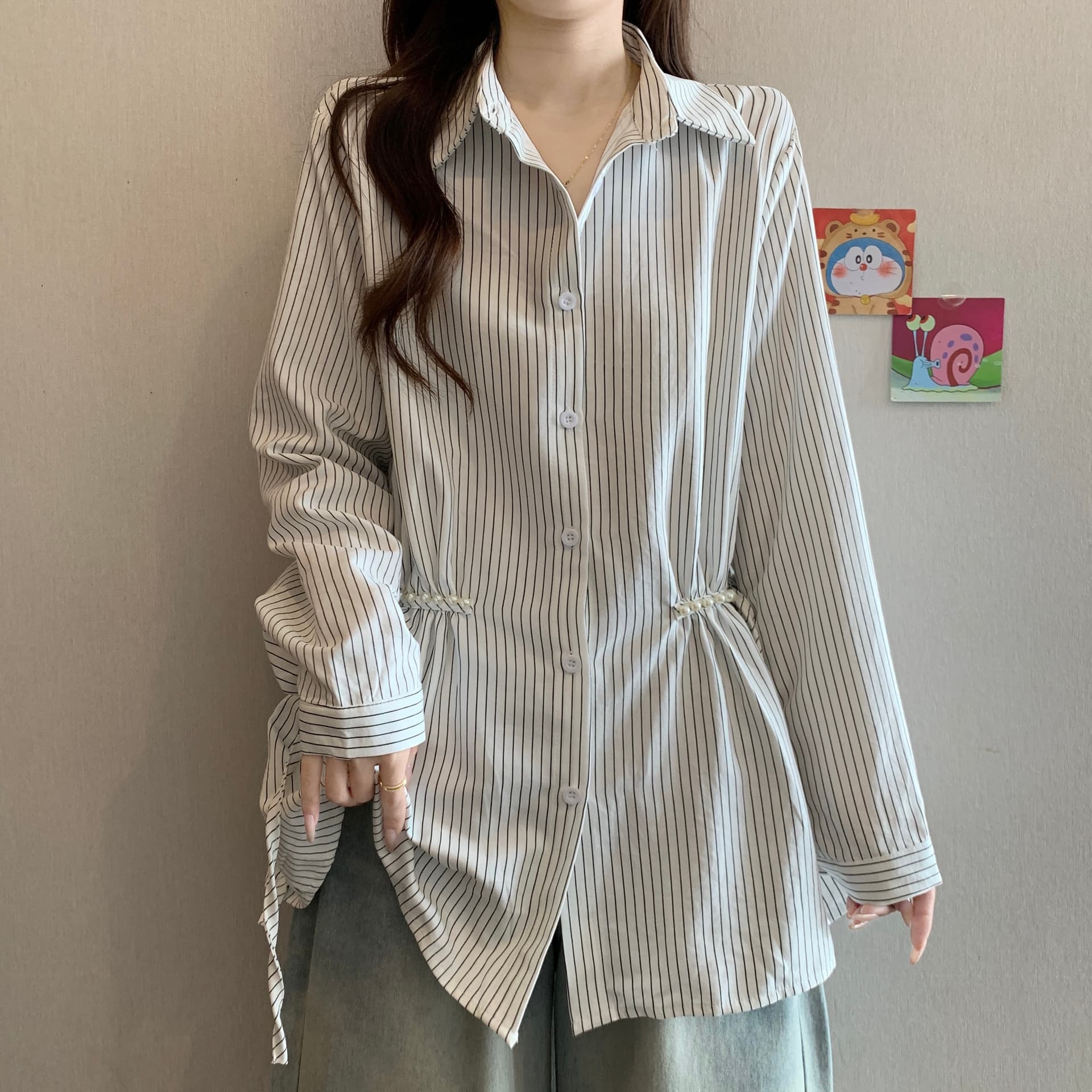 디자인 센스 비즈 POLO 칼라 긍정적 인 어깨 긴팔 스트라이프 여성 셔츠 가을 새로운 지방 mm 허리 수축 슬림해 보이는 품격 맨위 상세 이미지 8