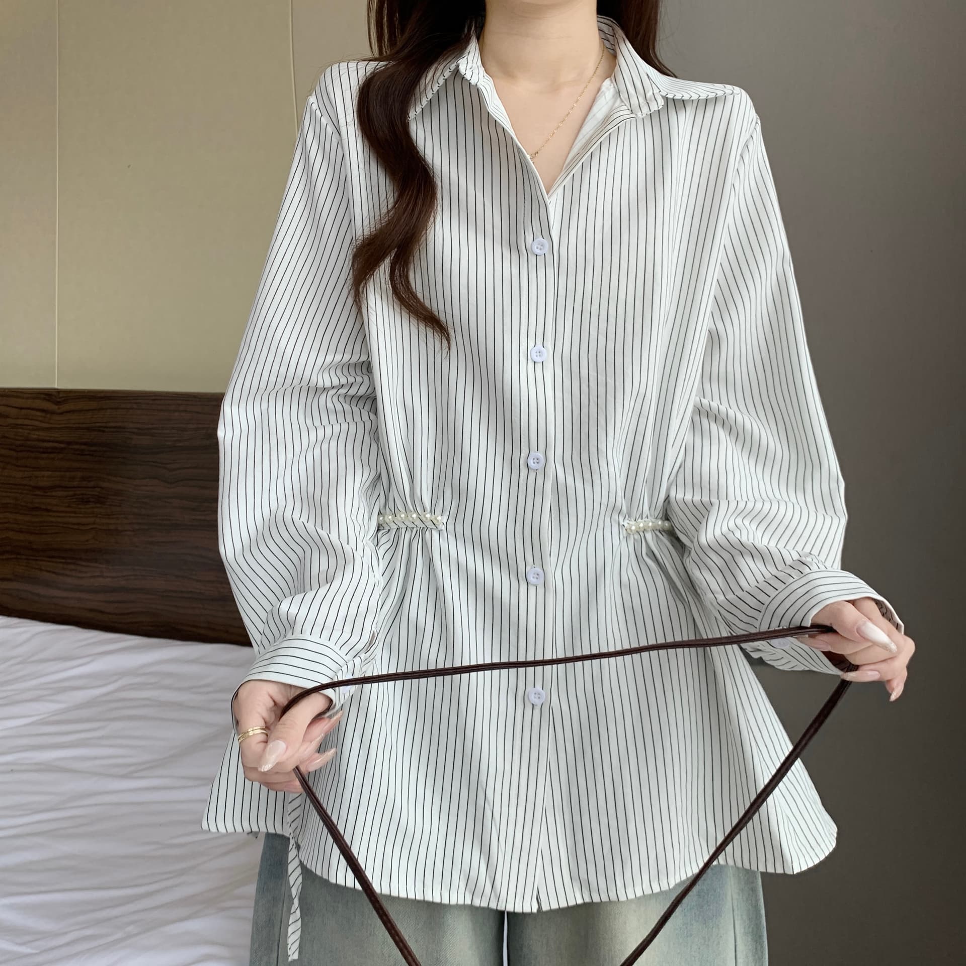 디자인 센스 비즈 POLO 칼라 긍정적 인 어깨 긴팔 스트라이프 여성 셔츠 가을 새로운 지방 mm 허리 수축 슬림해 보이는 품격 맨위 상세 이미지 10