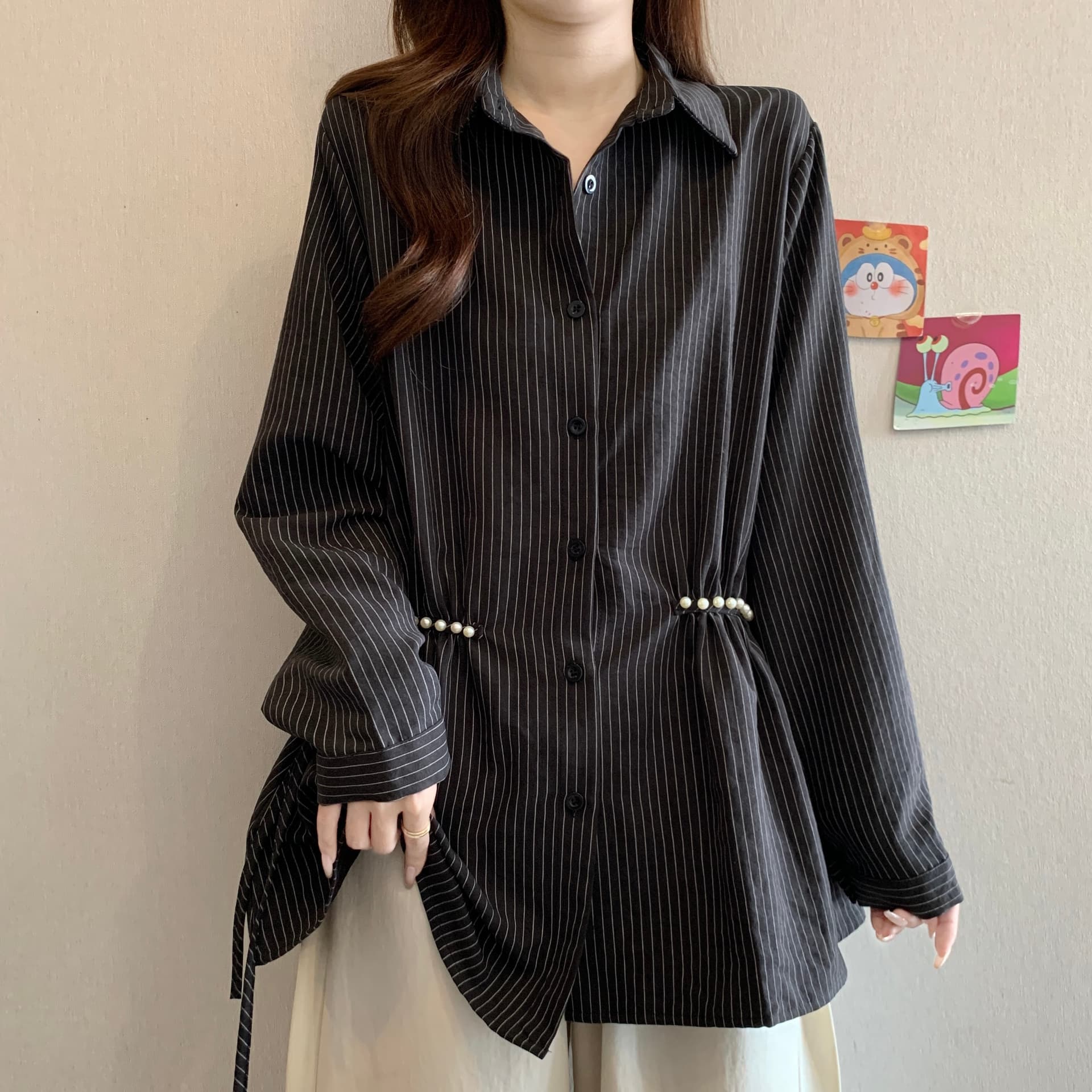 디자인 센스 비즈 POLO 칼라 긍정적 인 어깨 긴팔 스트라이프 여성 셔츠 가을 새로운 지방 mm 허리 수축 슬림해 보이는 품격 맨위 상세 이미지 14