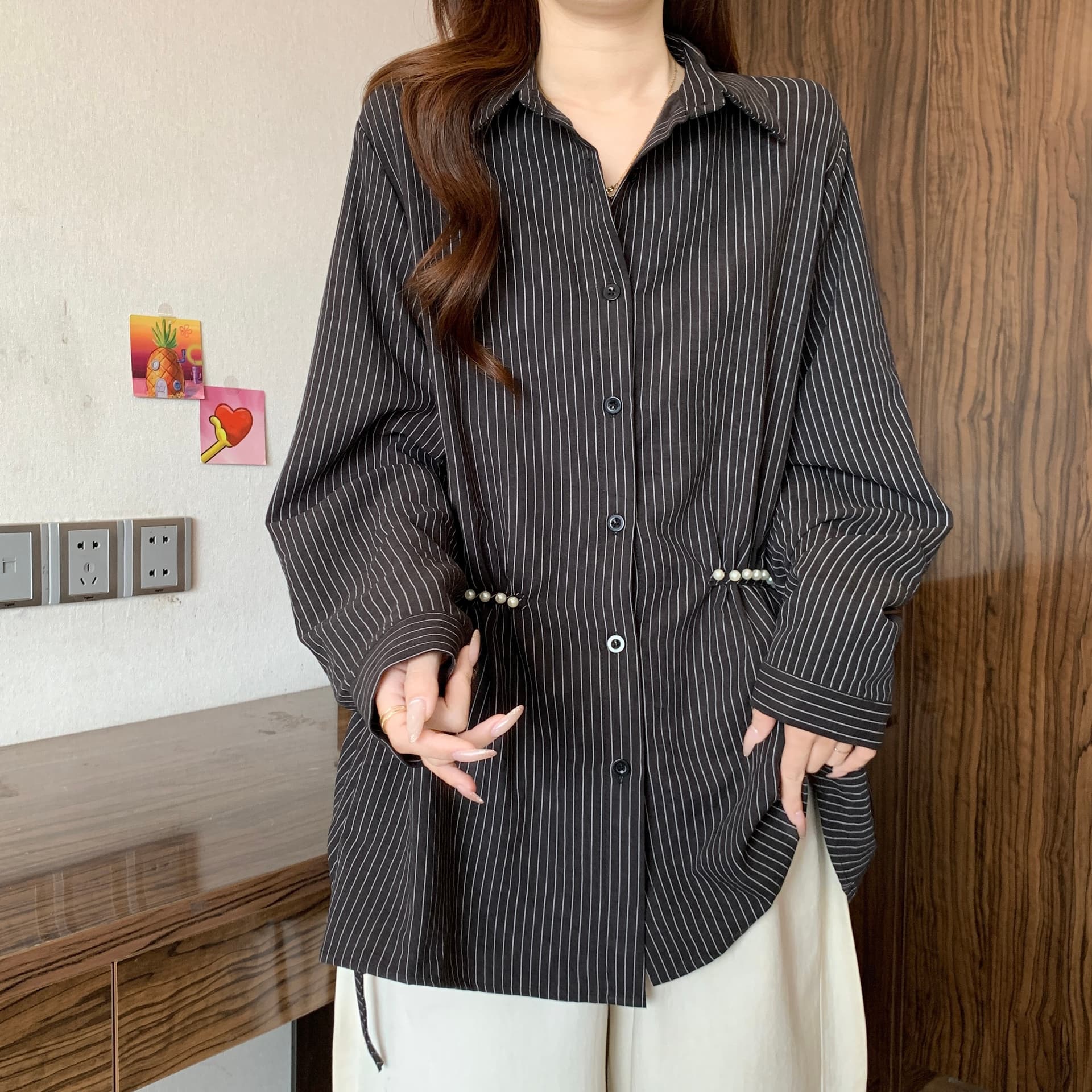 디자인 센스 비즈 POLO 칼라 긍정적 인 어깨 긴팔 스트라이프 여성 셔츠 가을 새로운 지방 mm 허리 수축 슬림해 보이는 품격 맨위 상세 이미지 16