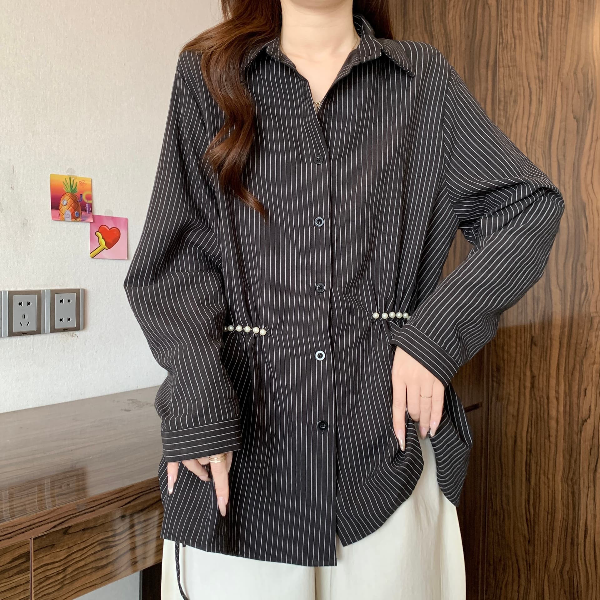 디자인 센스 비즈 POLO 칼라 긍정적 인 어깨 긴팔 스트라이프 여성 셔츠 가을 새로운 지방 mm 허리 수축 슬림해 보이는 품격 맨위 상세 이미지 17