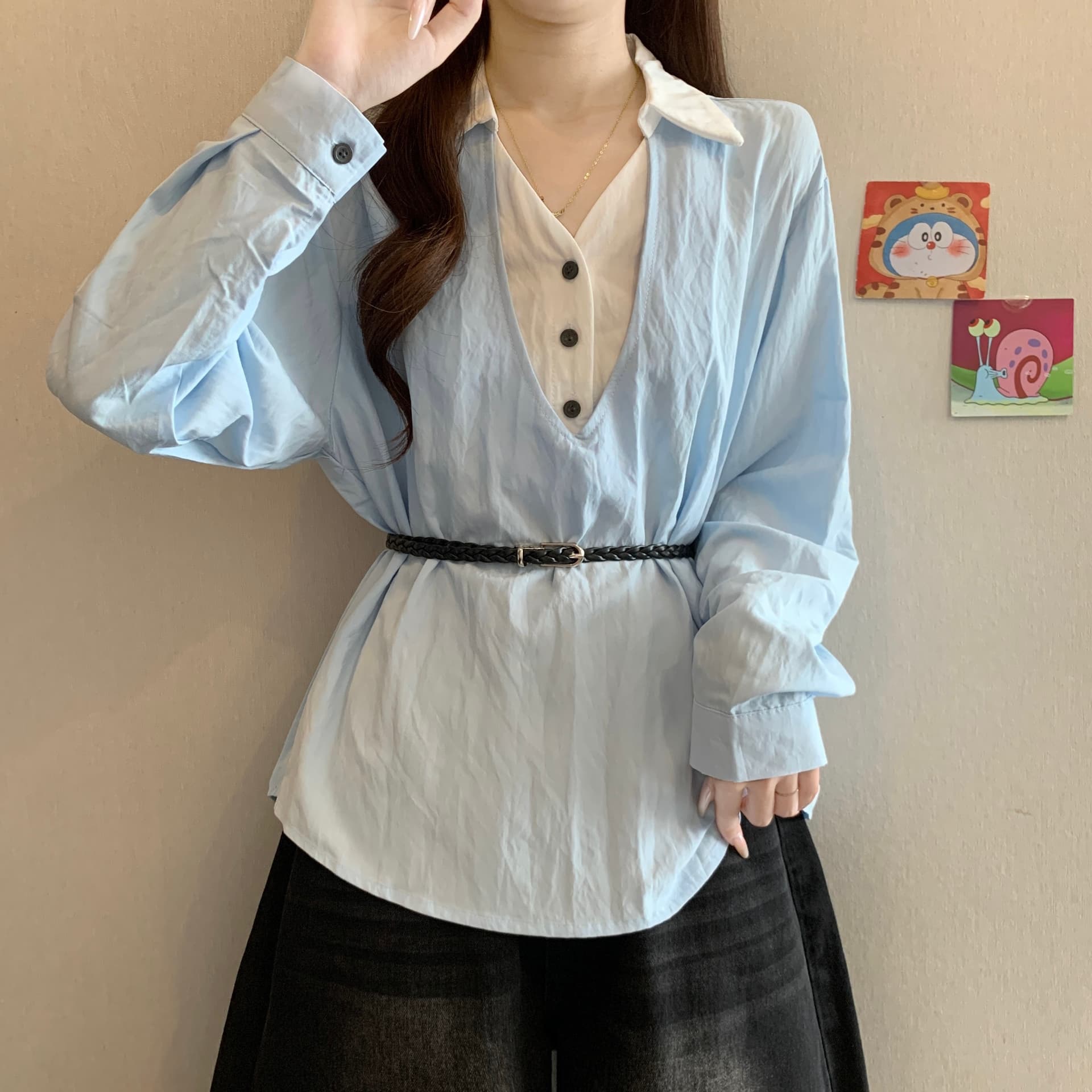 프랑스식 V넥 배색 페이크 레이어드 긍정적 인 어깨 여성 셔츠 가을 새로운 지방 mm 품격 허리 수축 슬림해 보이는 다용도 맨위 상세 이미지 3