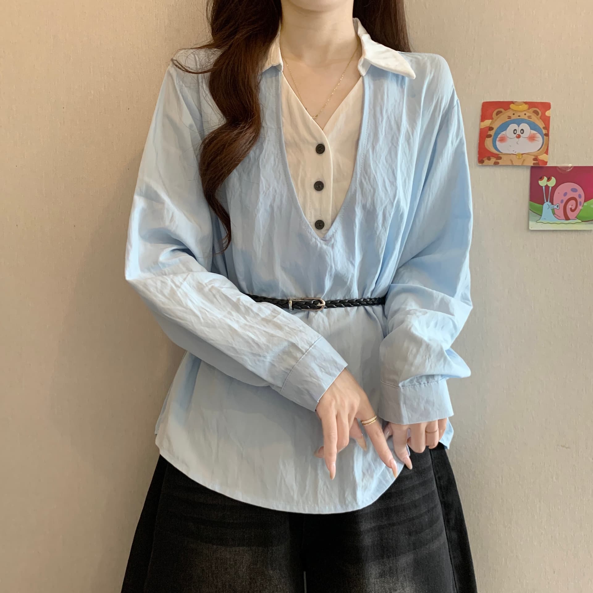 프랑스식 V넥 배색 페이크 레이어드 긍정적 인 어깨 여성 셔츠 가을 새로운 지방 mm 품격 허리 수축 슬림해 보이는 다용도 맨위 상세 이미지 4