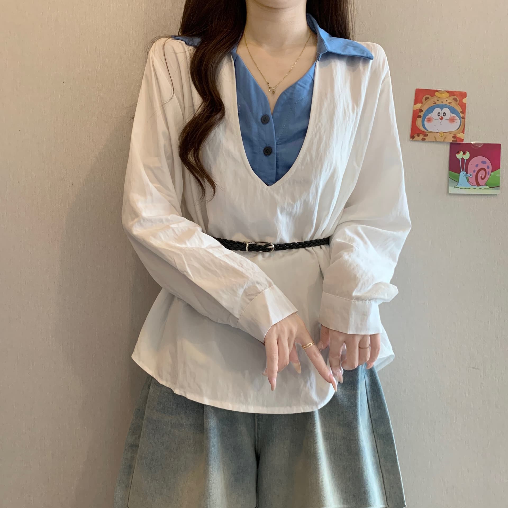 프랑스식 V넥 배색 페이크 레이어드 긍정적 인 어깨 여성 셔츠 가을 새로운 지방 mm 품격 허리 수축 슬림해 보이는 다용도 맨위 상세 이미지 12