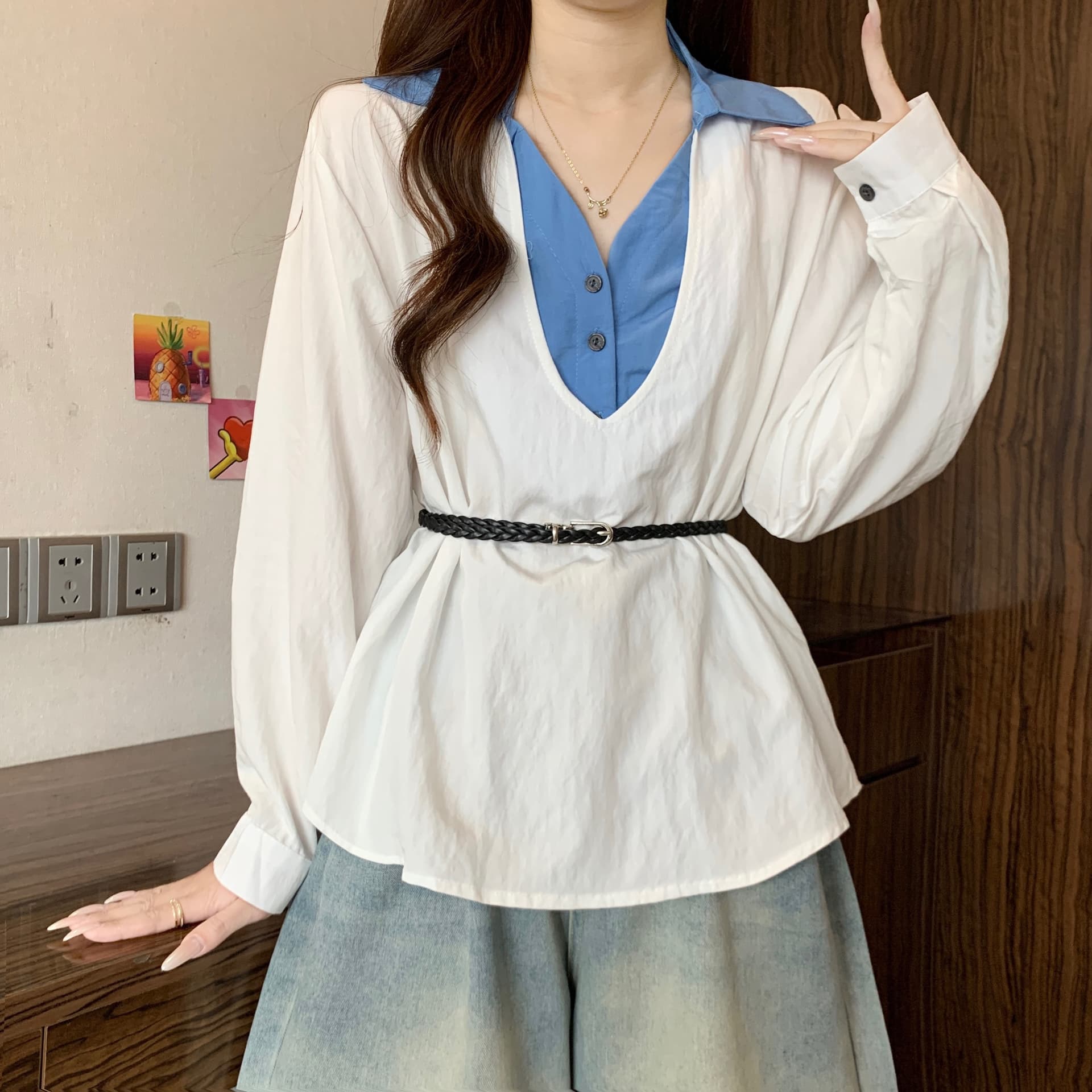 프랑스식 V넥 배색 페이크 레이어드 긍정적 인 어깨 여성 셔츠 가을 새로운 지방 mm 품격 허리 수축 슬림해 보이는 다용도 맨위 상세 이미지 14