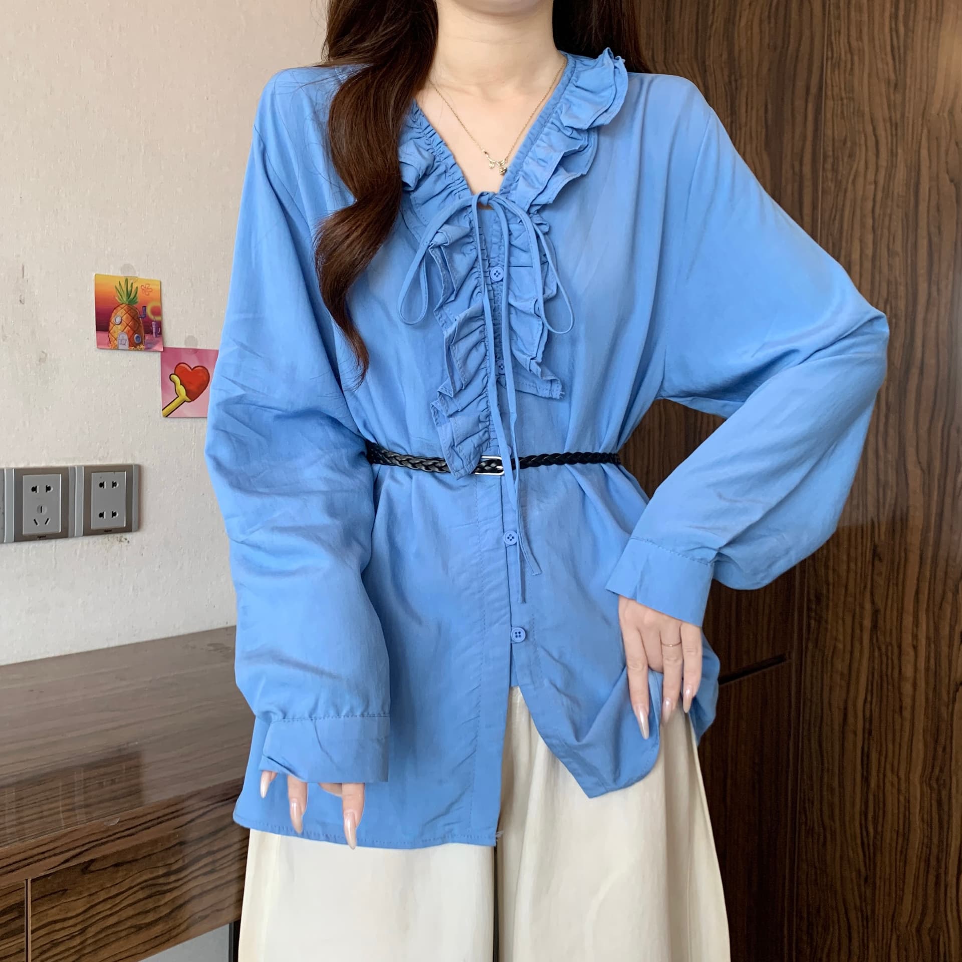 톰 글 래 원인 블루 프랑스식 프릴 V넥 긴팔 여성 셔츠 가을 새로운 지방 mm 품격 허리 수축 슬림해 보이는 맨위 상세 이미지 8