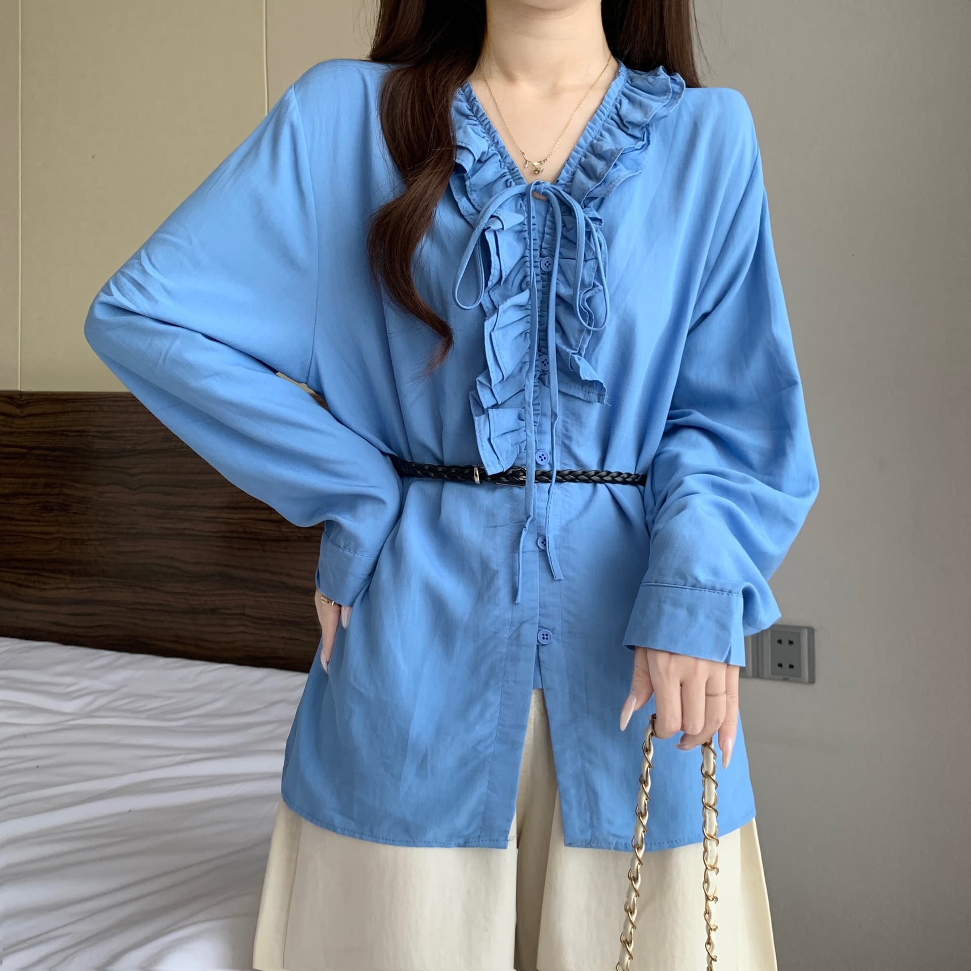 톰 글 래 원인 블루 프랑스식 프릴 V넥 긴팔 여성 셔츠 가을 새로운 지방 mm 품격 허리 수축 슬림해 보이는 맨위 상세 이미지 11