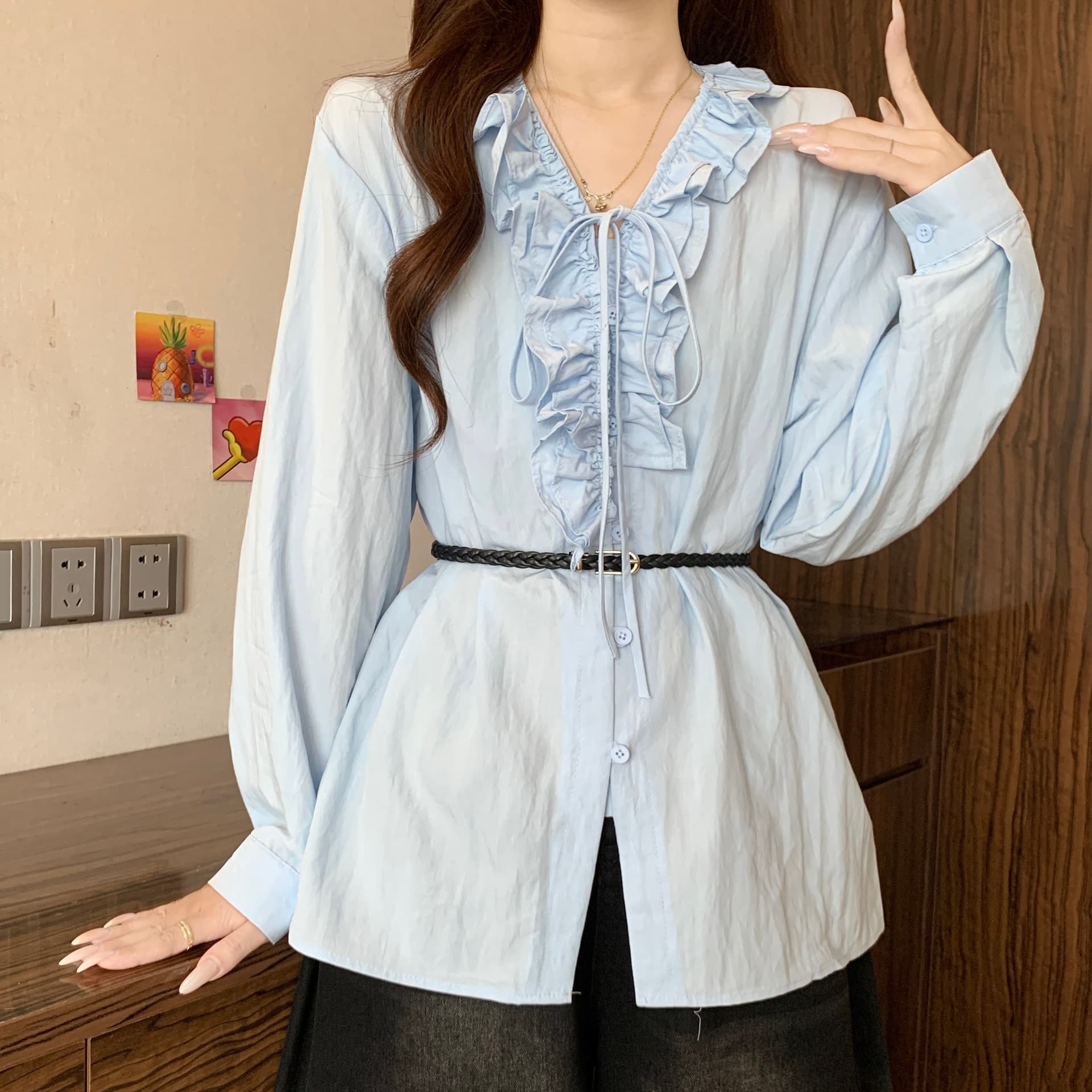 톰 글 래 원인 블루 프랑스식 프릴 V넥 긴팔 여성 셔츠 가을 새로운 지방 mm 품격 허리 수축 슬림해 보이는 맨위 상세 이미지 15