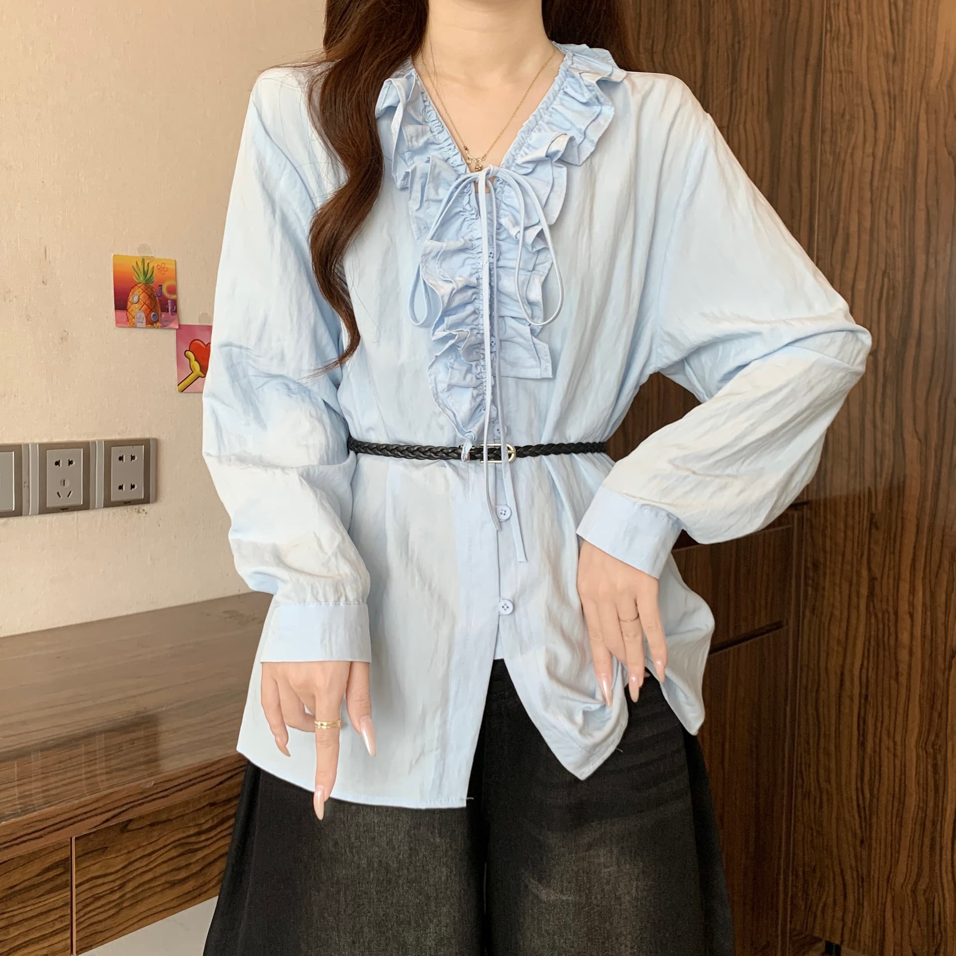 톰 글 래 원인 블루 프랑스식 프릴 V넥 긴팔 여성 셔츠 가을 새로운 지방 mm 품격 허리 수축 슬림해 보이는 맨위 상세 이미지 17