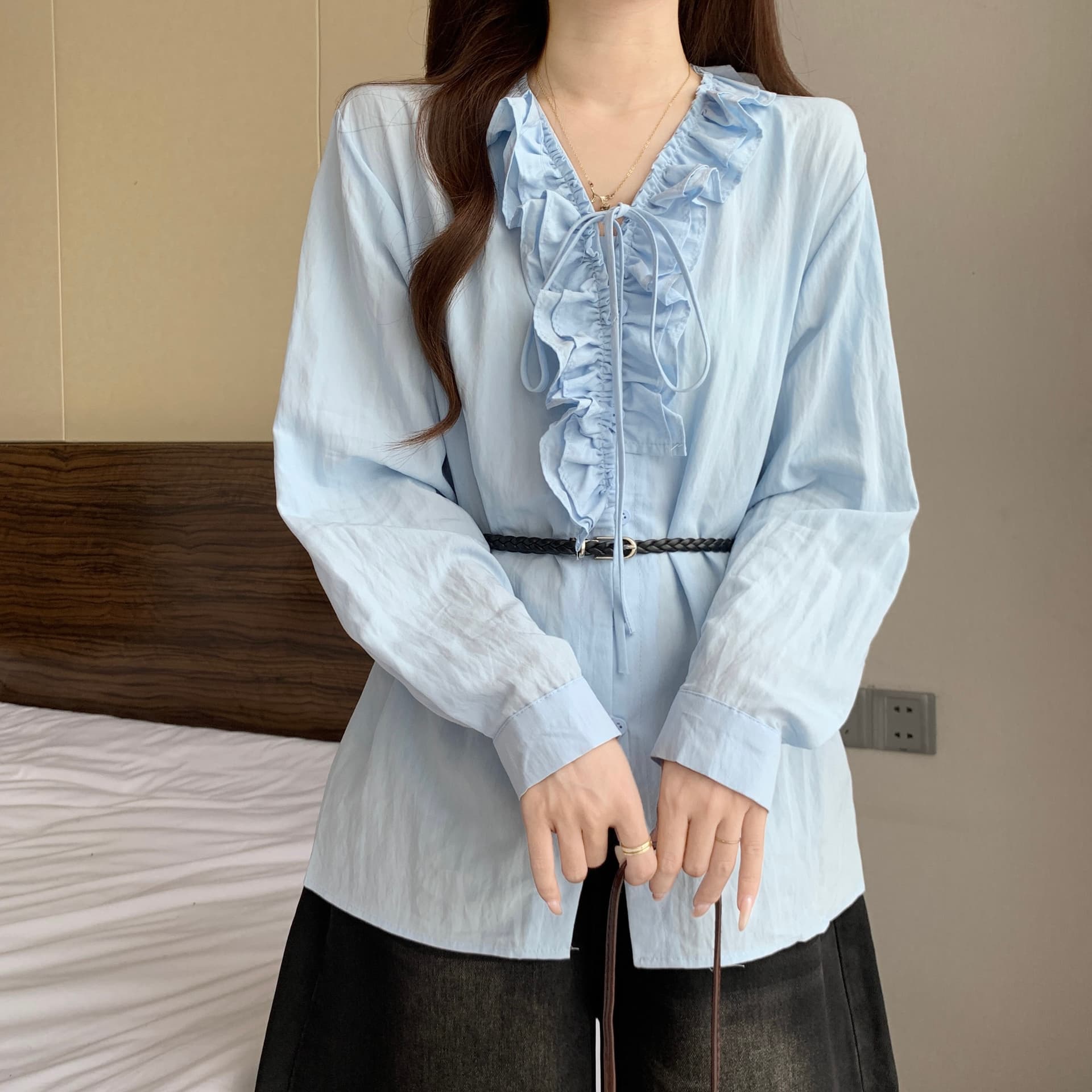 톰 글 래 원인 블루 프랑스식 프릴 V넥 긴팔 여성 셔츠 가을 새로운 지방 mm 품격 허리 수축 슬림해 보이는 맨위 상세 이미지 18
