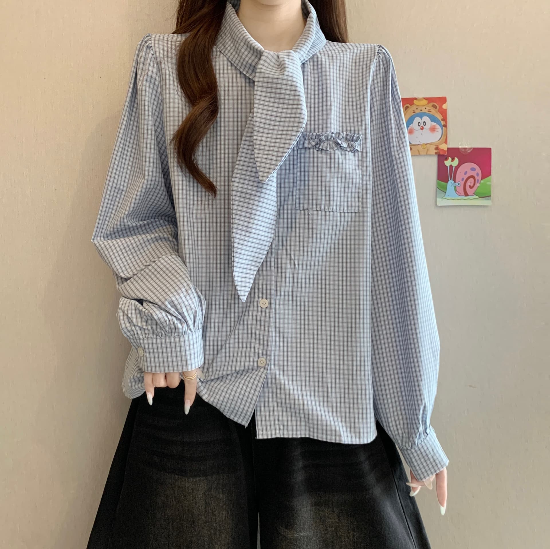 고급 센스 체크무늬 넥타이 폴로 칼라 긍정적 인 어깨 긴팔 여성 셔츠 가을 새로운 지방 mm 레트로 슬림해 보이는 고유 한 맨위 이미지 5