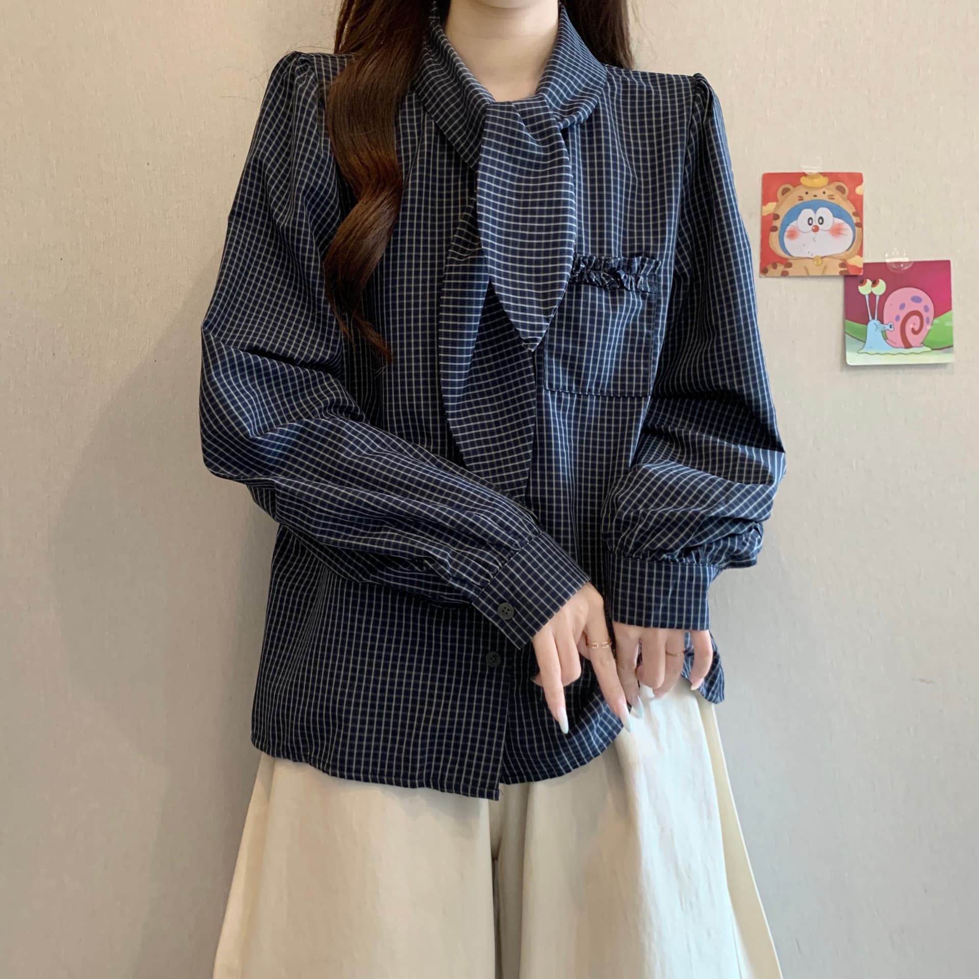 고급 센스 체크무늬 넥타이 폴로 칼라 긍정적 인 어깨 긴팔 여성 셔츠 가을 새로운 지방 mm 레트로 슬림해 보이는 고유 한 맨위 상세 이미지 5