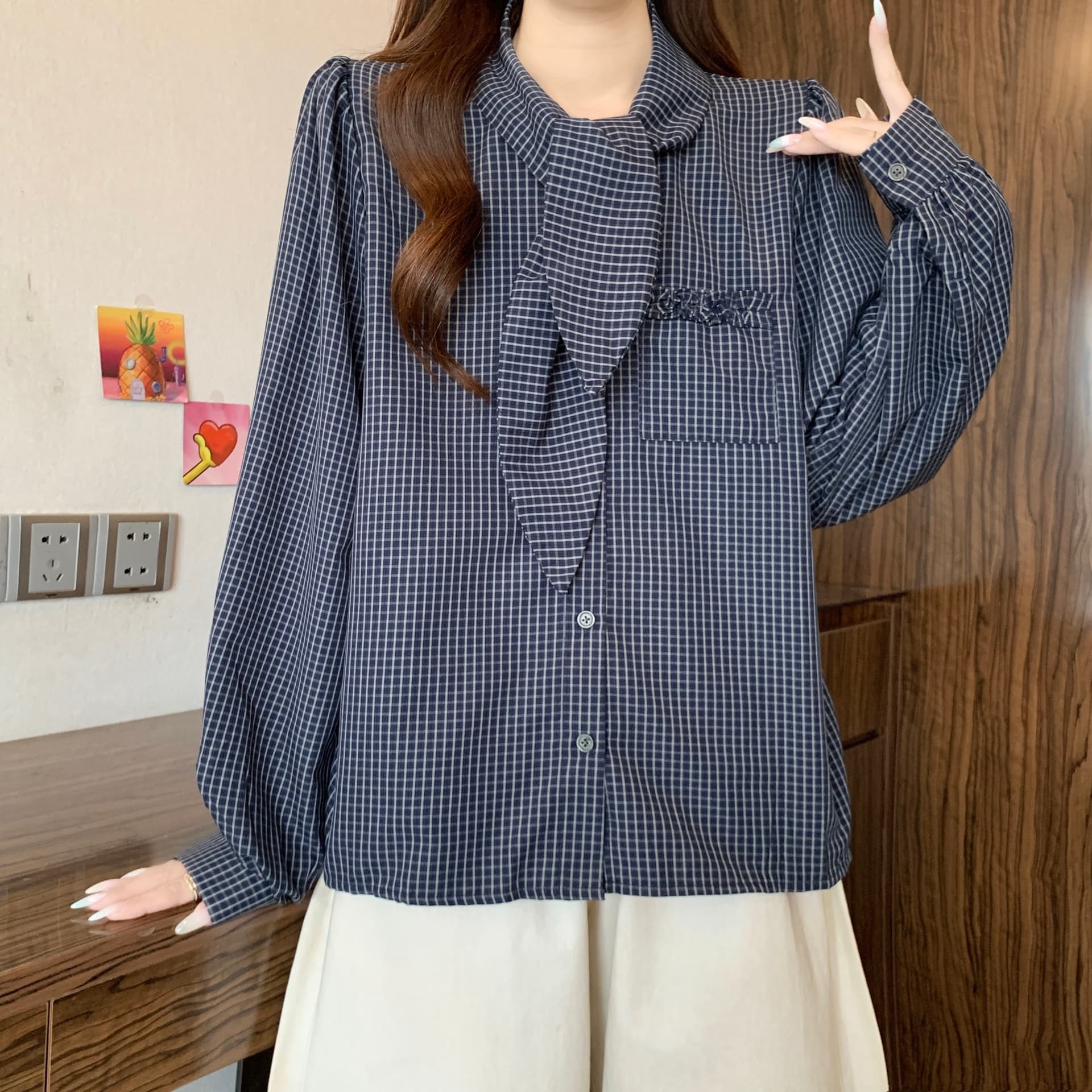 고급 센스 체크무늬 넥타이 폴로 칼라 긍정적 인 어깨 긴팔 여성 셔츠 가을 새로운 지방 mm 레트로 슬림해 보이는 고유 한 맨위 상세 이미지 6