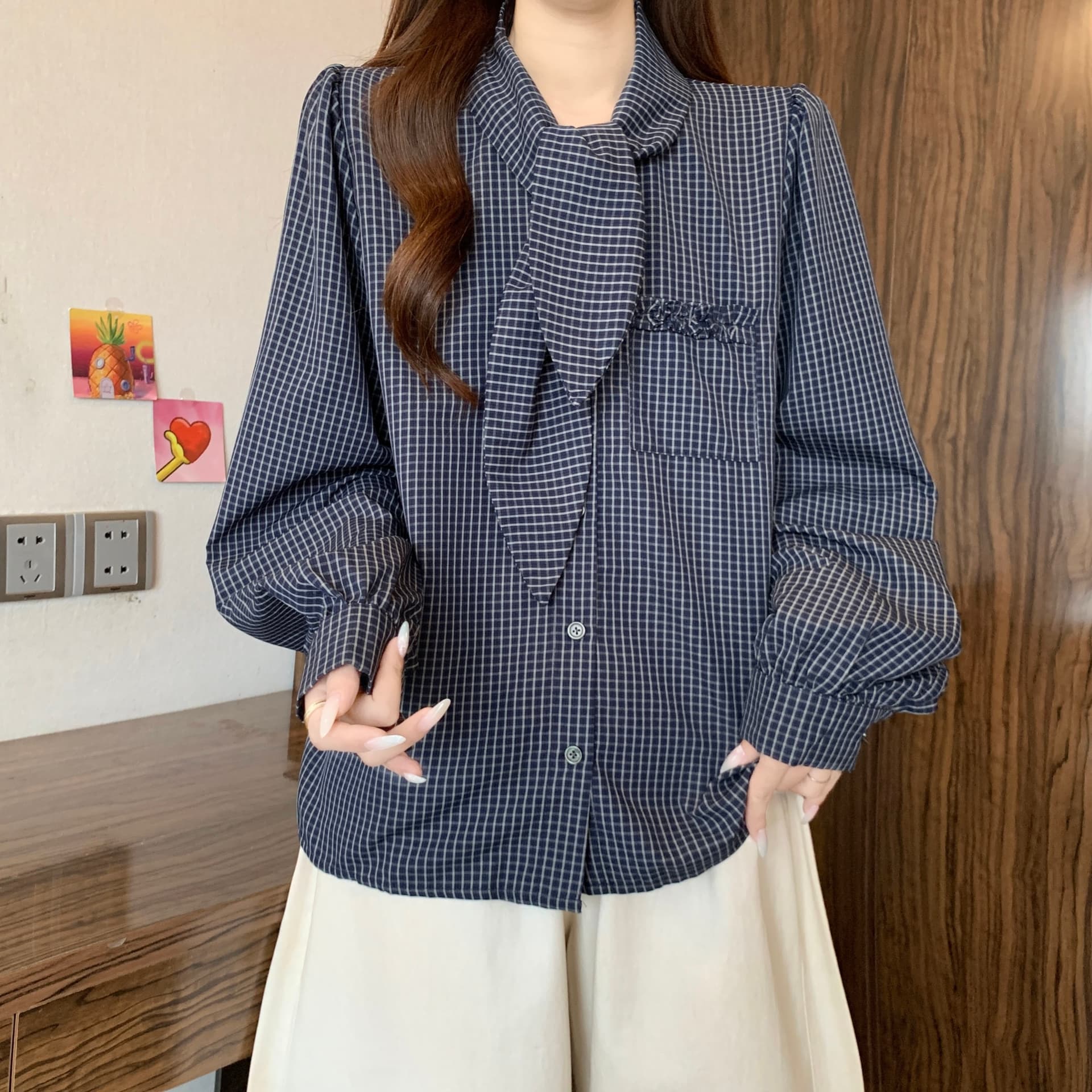 고급 센스 체크무늬 넥타이 폴로 칼라 긍정적 인 어깨 긴팔 여성 셔츠 가을 새로운 지방 mm 레트로 슬림해 보이는 고유 한 맨위 상세 이미지 7