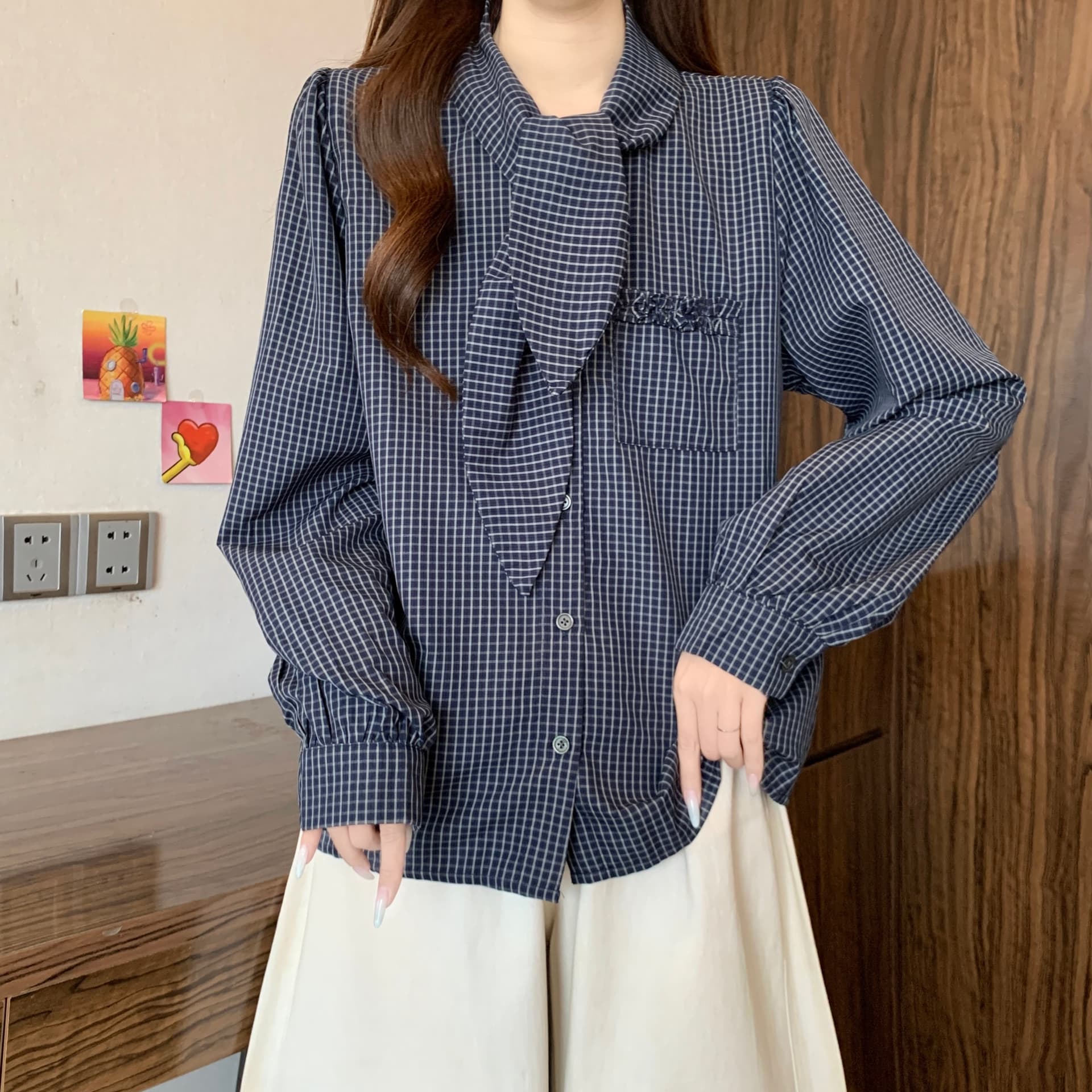 고급 센스 체크무늬 넥타이 폴로 칼라 긍정적 인 어깨 긴팔 여성 셔츠 가을 새로운 지방 mm 레트로 슬림해 보이는 고유 한 맨위 상세 이미지 8