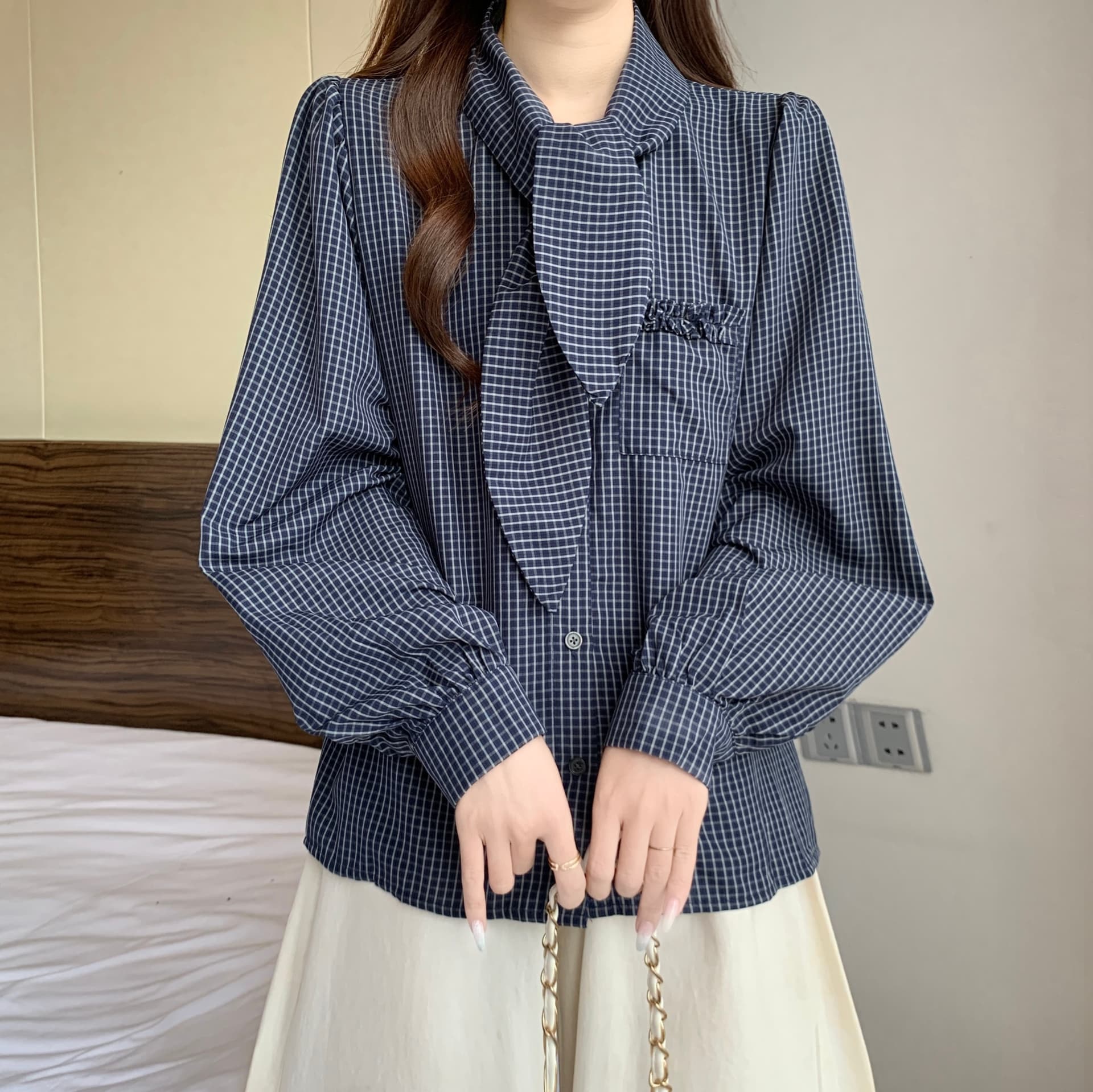 고급 센스 체크무늬 넥타이 폴로 칼라 긍정적 인 어깨 긴팔 여성 셔츠 가을 새로운 지방 mm 레트로 슬림해 보이는 고유 한 맨위 상세 이미지 9