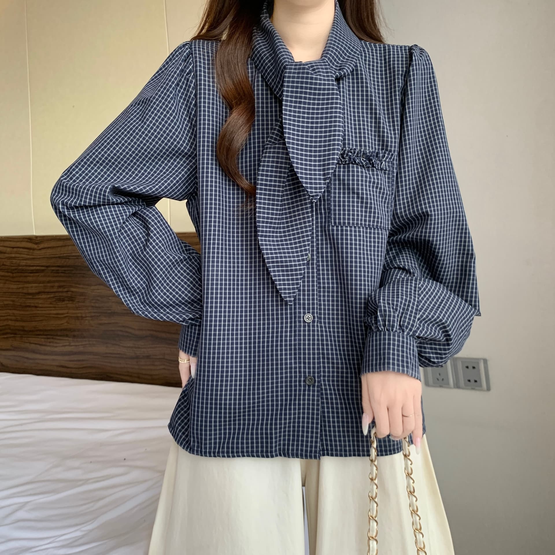 고급 센스 체크무늬 넥타이 폴로 칼라 긍정적 인 어깨 긴팔 여성 셔츠 가을 새로운 지방 mm 레트로 슬림해 보이는 고유 한 맨위 상세 이미지 11