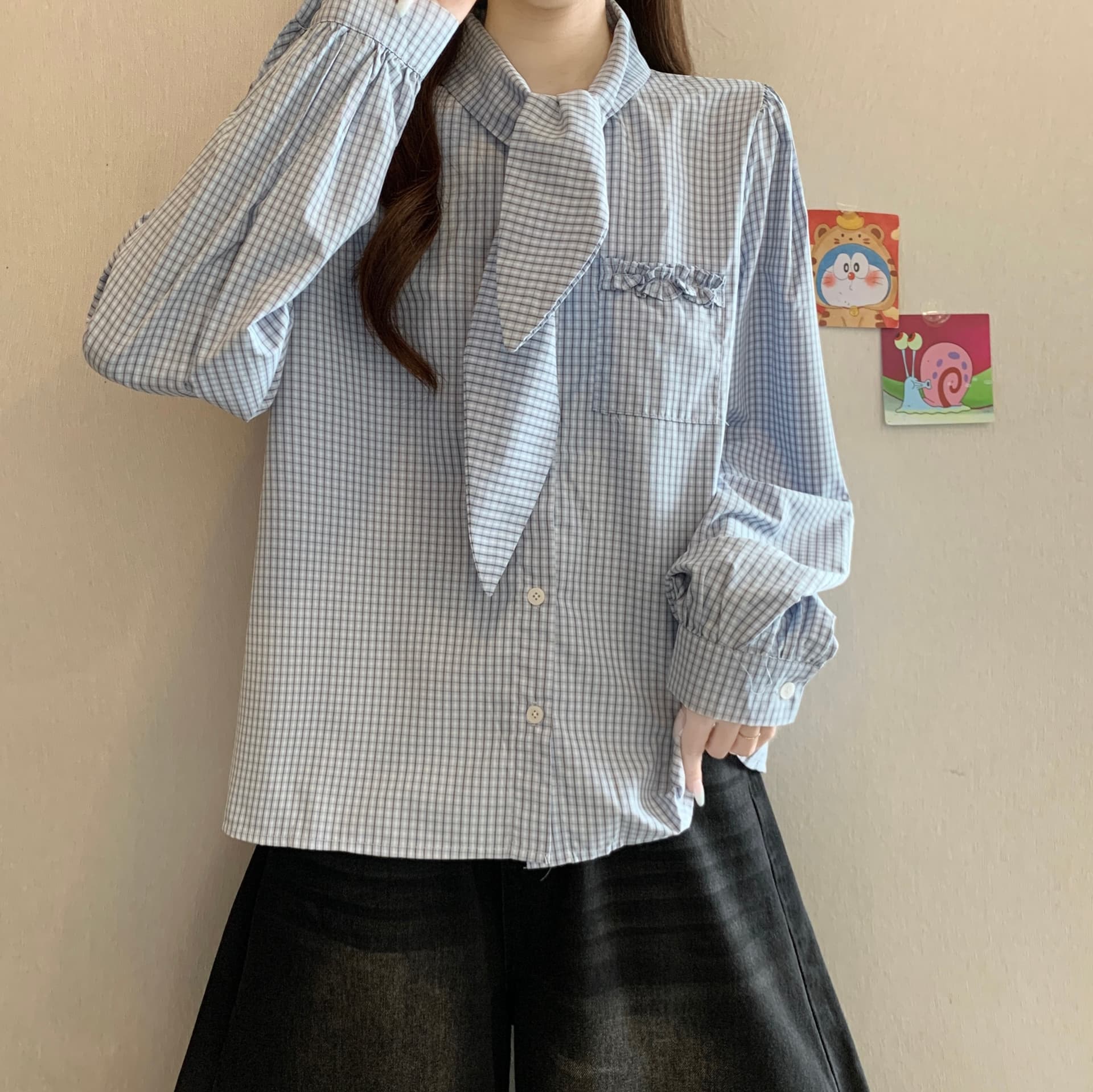 고급 센스 체크무늬 넥타이 폴로 칼라 긍정적 인 어깨 긴팔 여성 셔츠 가을 새로운 지방 mm 레트로 슬림해 보이는 고유 한 맨위 상세 이미지 12