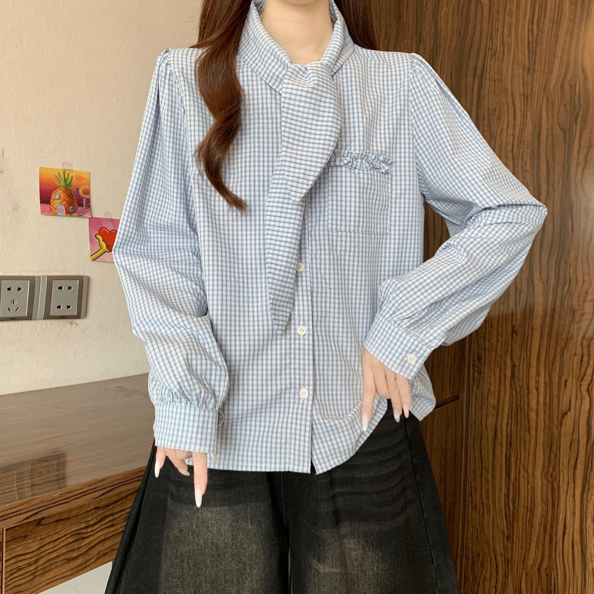 고급 센스 체크무늬 넥타이 폴로 칼라 긍정적 인 어깨 긴팔 여성 셔츠 가을 새로운 지방 mm 레트로 슬림해 보이는 고유 한 맨위 상세 이미지 17